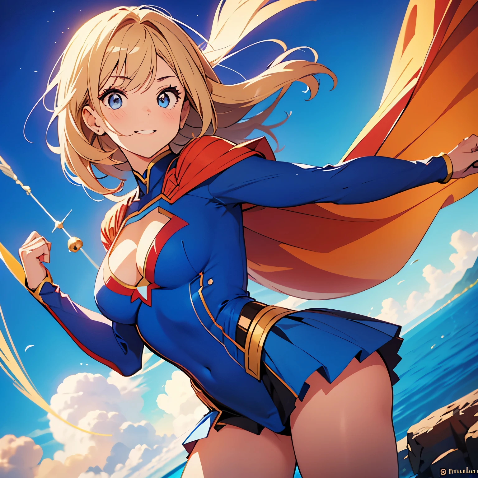 capitana marvel. beautiful 22 year old superhero girl. cabello rubio brillante sonrisa, rubor, ojos celestes. pechos grandes, disfraz de superheroe azul y amarillo. volando por el cielo , cabello rubio . piel clara rubia. pechos muy grandes. cuerpo completo, super girl suit. Super Short skirt, cleavage, tiny suit, trasero grande, sexy girl, showing more skin, side boob, tiny top suit, hard niples, super short skirt, tight suit, mostrando ombligo, escote enorme, gran trasero. Somewhat marked muscles