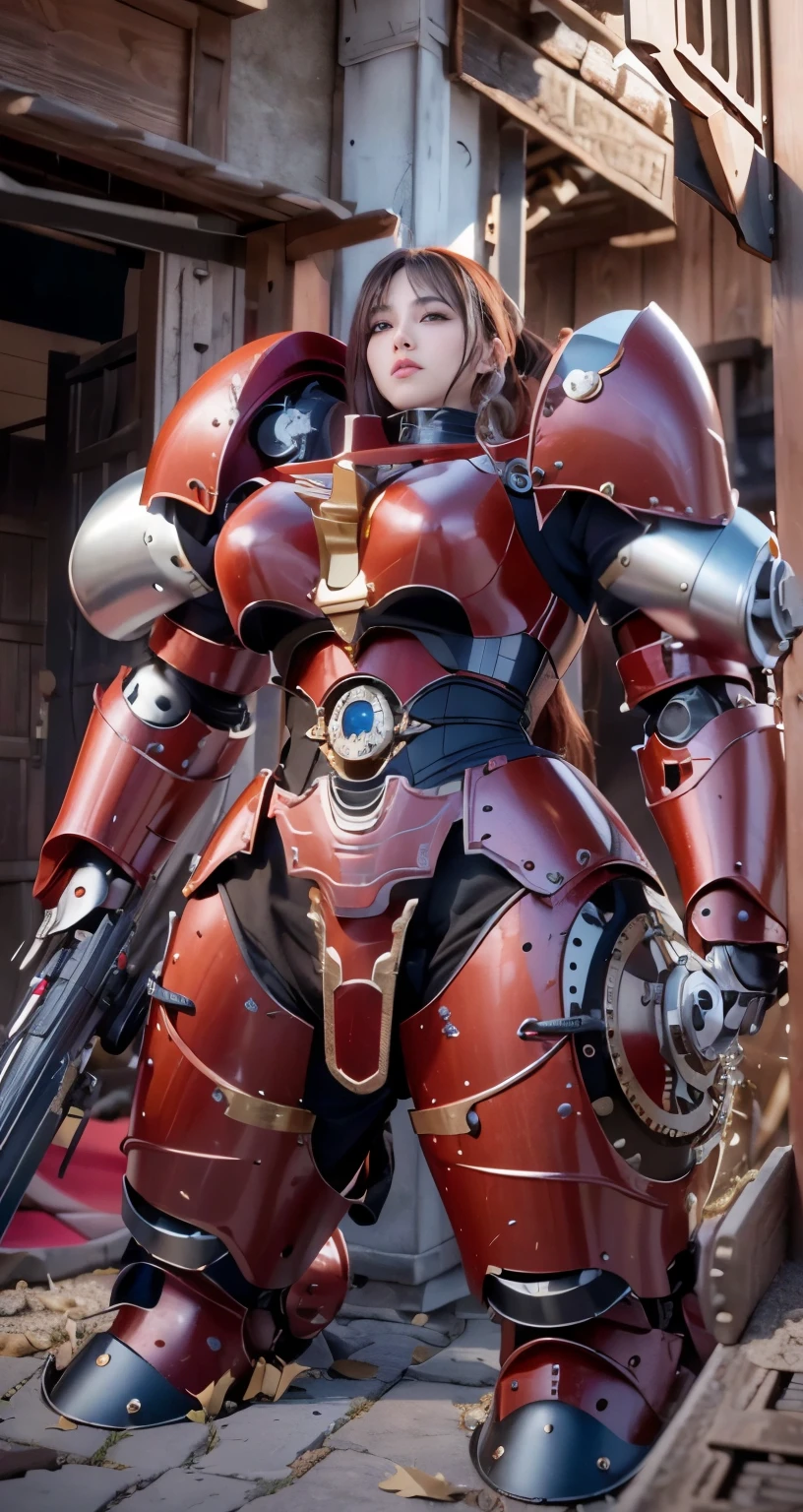 (The main subject: Wide-angle lens), salama，Singer Madonna as Marine Astartes, (Show on the(humongous large breast)Power mech) colours： red colour, (warhammer40k)，Realistic metal mech,Standing in the street.(masterpiece, best quality:1.2), (8k uhd, 16k, 32k, ultra high res), (photorealistic:1.37), (RAW photo), ultimate-realistic, ultimate-realistic details, ultimate-realistic texture, ultimate-intricate details, ultimate-realistic lighting, ultimate-realistic shadow, japanese girl, ultimate-cute face, ultimate-RAW skin, ultimate-realistic eyes, (mechanical:1.4),  (armor), full body, wide shot