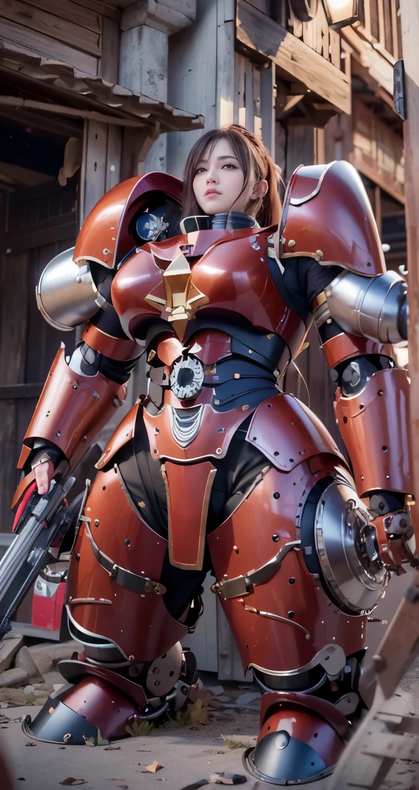 (The main subject: Wide-angle lens), salama，Singer Madonna as Marine Astartes, (Show on the(humongous large breast)Power mech) colours： red colour, (warhammer40k)，Realistic metal mech,Standing in the street.(masterpiece, best quality:1.2), (8k uhd, 16k, 32k, ultra high res), (photorealistic:1.37), (RAW photo), ultimate-realistic, ultimate-realistic details, ultimate-realistic texture, ultimate-intricate details, ultimate-realistic lighting, ultimate-realistic shadow, japanese girl, ultimate-cute face, ultimate-RAW skin, ultimate-realistic eyes, (mechanical:1.4),  (armor), full body, wide shot