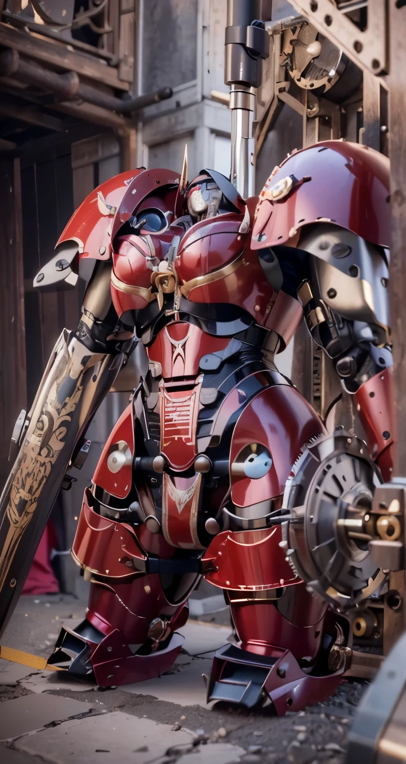(The main subject: Wide-angle lens), salama，Singer Madonna as Marine Astartes, (Show on the(humongous large breast)Power mech) colours： red colour, (warhammer40k)，Realistic metal mech,Standing in the street.(masterpiece, best quality:1.2), (8k uhd, 16k, 32k, ultra high res), (photorealistic:1.37), (RAW photo), ultimate-realistic, ultimate-realistic details, ultimate-realistic texture, ultimate-intricate details, ultimate-realistic lighting, ultimate-realistic shadow, japanese girl, ultimate-cute face, ultimate-RAW skin, ultimate-realistic eyes, (mechanical:1.4),  (armor), full body, wide shot