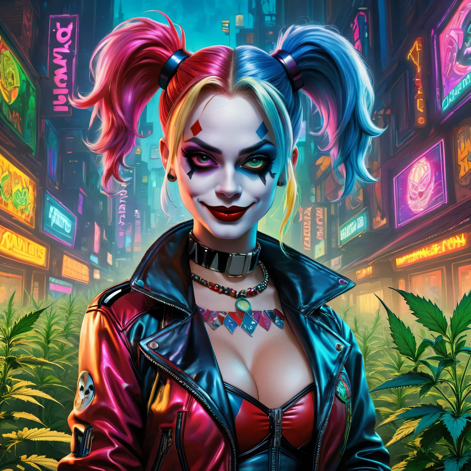 ((top-notch quality)), ((masterwork)), Subject: Cyberpunk Harley Quinn, Action: Smoking cannabis goodness, Artist: Louis Wain, Style: Cyberpunk, Cannabis-inspired, DMT, Artegem, Medium: Digital Rendering, Category: Comic Book Art, Color Palette: Vibrant, Cyberpunk, Cannabis-inspired, DMT, Digital Graphics: Ethereal Patterns, Transcendence, Resolution: High-Res, Positive Prompt: Create a ((top-notch quality)), ((masterwork)), ((true-to-life)) digital rendering that features the iconic character Harley Quinn from DC in a captivating cyberpunk setting. Illustrate her enjoying cannabis goodness while seamlessly incorporating elements of the cyberpunk, cannabis-inspired, DMT, Artegem, and chiaroscuro styles. Employ Louis Wain's artistic vision to construct the environment. Pay meticulous attention to high levels of detail and vibrant colors, infusing the composition with the essence of cyberpunk aesthetics. Include cannabis-inspired and DMT elements to create an ethe, Chiaroscuro, 4K, 4K, 1080P