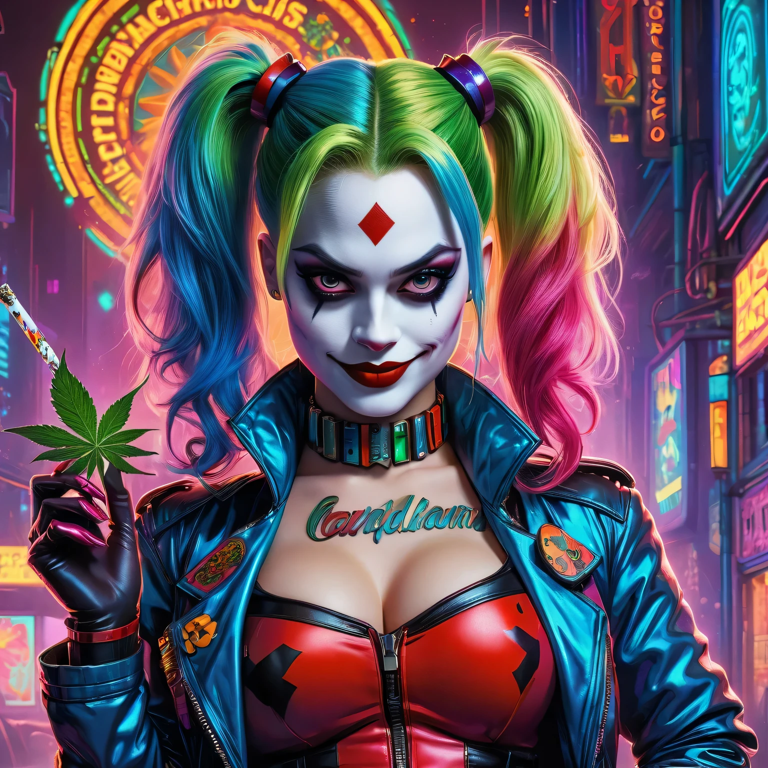 ((top-notch quality)), ((masterwork)), Subject: Cyberpunk Harley Quinn, Action: Smoking ???????? goodness, Artist: Louis Wain, Style: Cyberpunk, ????????-inspired, DMT, Artegem, Medium: Digital Rendering, Category: Comic Book Art, Color Palette: Vibrant, Cyberpunk, ????????-inspired, DMT, Digital Graphics: Ethereal Patterns, Transcendence, Resolution: High-Res, Positive Prompt: Create a ((top-notch quality)), ((masterwork)), ((true-to-life)) digital rendering that features the iconic character Harley Quinn from DC in a captivating cyberpunk setting. Illustrate her enjoying cannabis goodness while seamlessly incorporating elements of the cyberpunk, ????????-inspired, DMT, Artegem, and chiaroscuro styles. Employ Louis Wain's artistic vision to construct the environment. Pay meticulous attention to high levels of detail and vibrant colors, infusing the composition with the essence of cyberpunk aesthetics. Include ????????-inspired and DMT elements to create an ethe, Chiaroscuro, 4K, 4K, 1080P