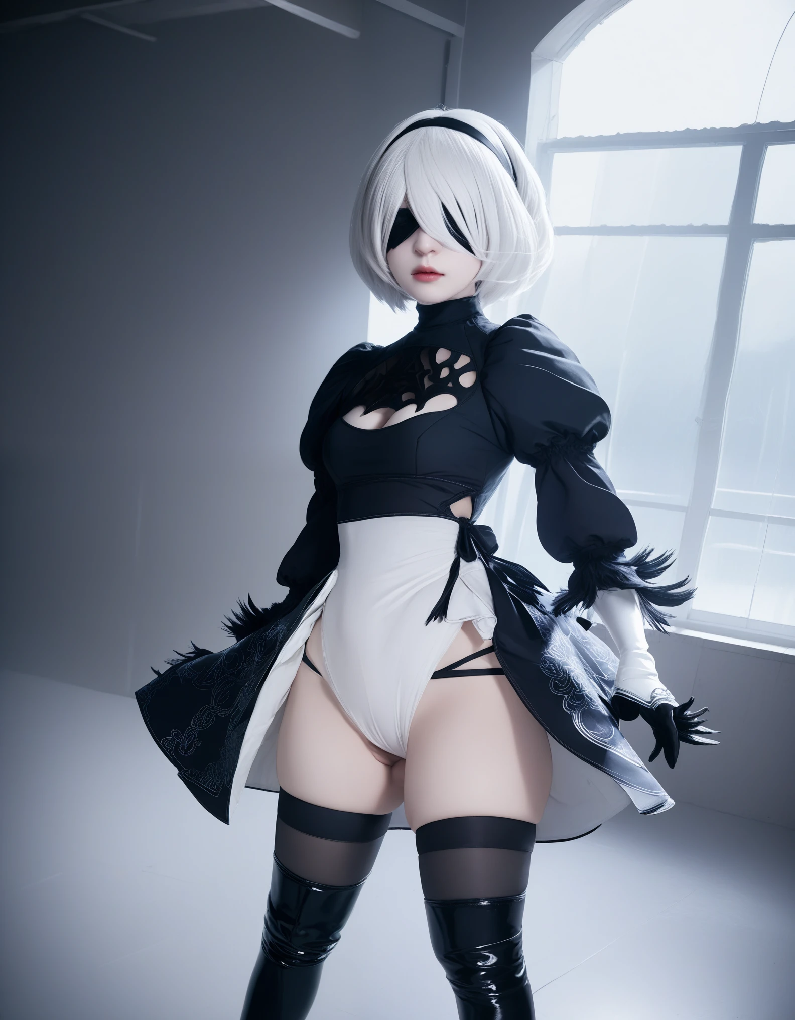 Real Photos、nier:Beautiful cosplay of 2B from Automata、2B、A woman cosplaying as 2B、White skin、tall、Great style、Big Breasts、Small face、High nose、Sharp Eye、Beautiful Face、Beautiful face、30 years old、British women、Half British、nier:2B&#39;s black costume from Automata、Stylish background、Light background、Blur the background、Fantasyな都市を背景に、kiss the viewer、2B&#39;s selfie、Shooting from a diagonal angle、masterpiece、highest quality、high resolution、Cosplayer Photos、Professional Photoodel、Fantasy、Glaring at the audience、Angry expression、Cosplay makeup style、Real Cosplay Photo、Cool and beautiful photos、Wrapped in a pale white glow、good looking