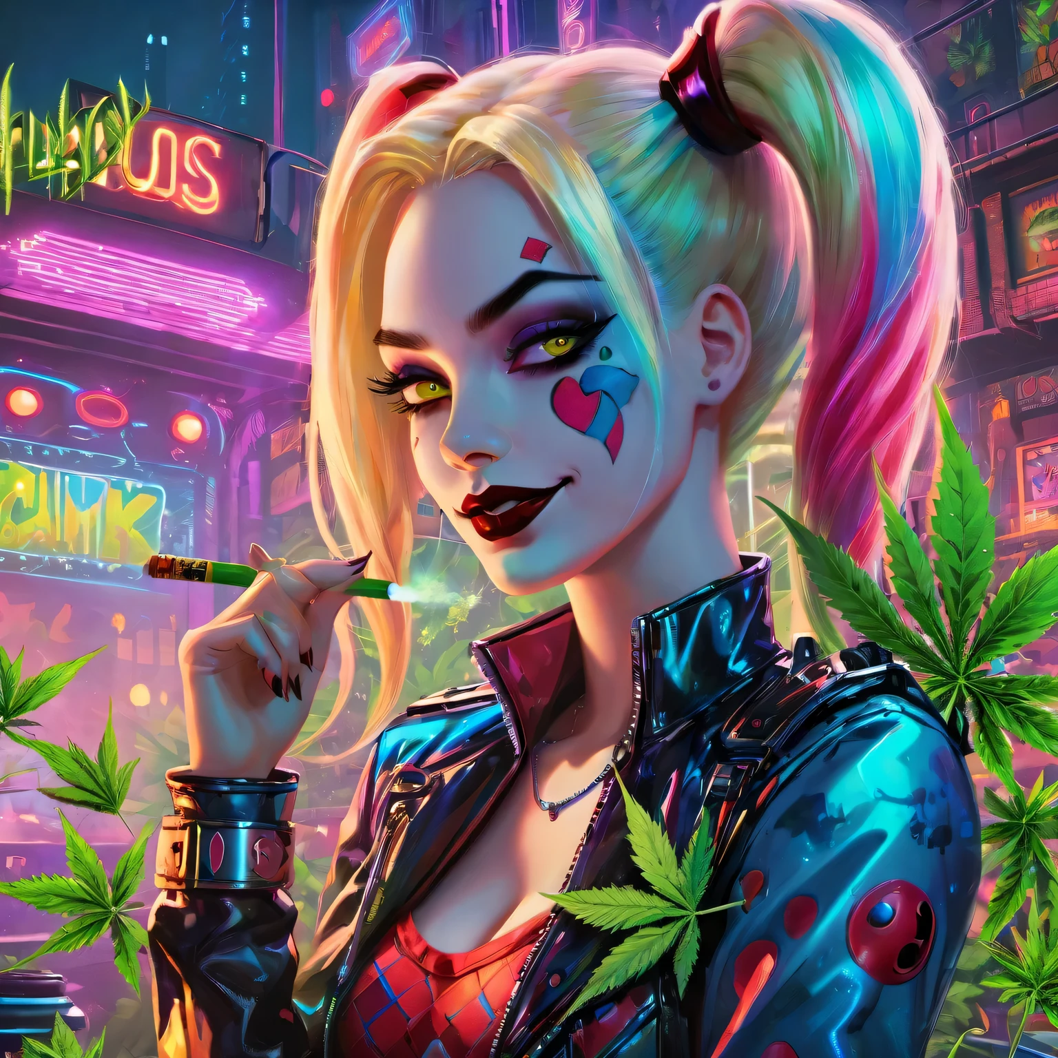 ((top-notch quality)), ((masterwork)), Subject: Cyberpunk Harley Quinn, Action: Smoking cannabis goodness, Artist: Louis Wain, Style: Cyberpunk, Cannabis-inspired, DMT, Artegem, Medium: Digital Rendering, Category: Comic Book Art, Color Palette: Vibrant, Cyberpunk, Cannabis-inspired, DMT, Digital Graphics: Ethereal Patterns, Transcendence, Resolution: High-Res, Positive Prompt: Create a ((top-notch quality)), ((masterwork)), ((true-to-life)) digital rendering that features the iconic character Harley Quinn from DC in a captivating cyberpunk setting. Illustrate her enjoying cannabis goodness while seamlessly incorporating elements of the cyberpunk, cannabis-inspired, DMT, Artegem, and chiaroscuro styles. Employ Louis Wain's artistic vision to construct the environment. Pay meticulous attention to high levels of detail and vibrant colors, infusing the composition with the essence of cyberpunk aesthetics. Include cannabis-inspired and DMT elements to create an ethe, Chiaroscuro, 4K, 4K, 1080P