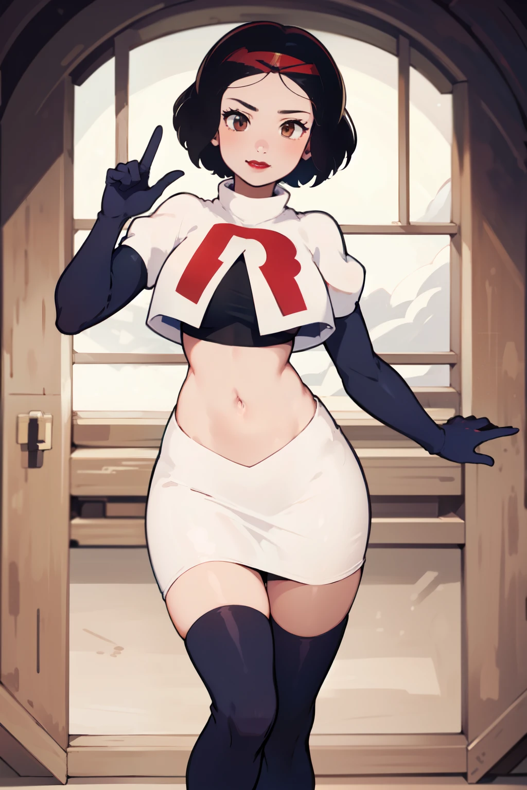 1girl, solo,   SnowWhite, short hair, black hair, smooth hair, brown eyes, lipstick, red lipstick, pale skin, hair bow, hairband, team rocket,team rocket uniform,white skirt,red letter R,crop top,black thigh-highs,black elbow gloves, cowboy shot, looking at viewer,