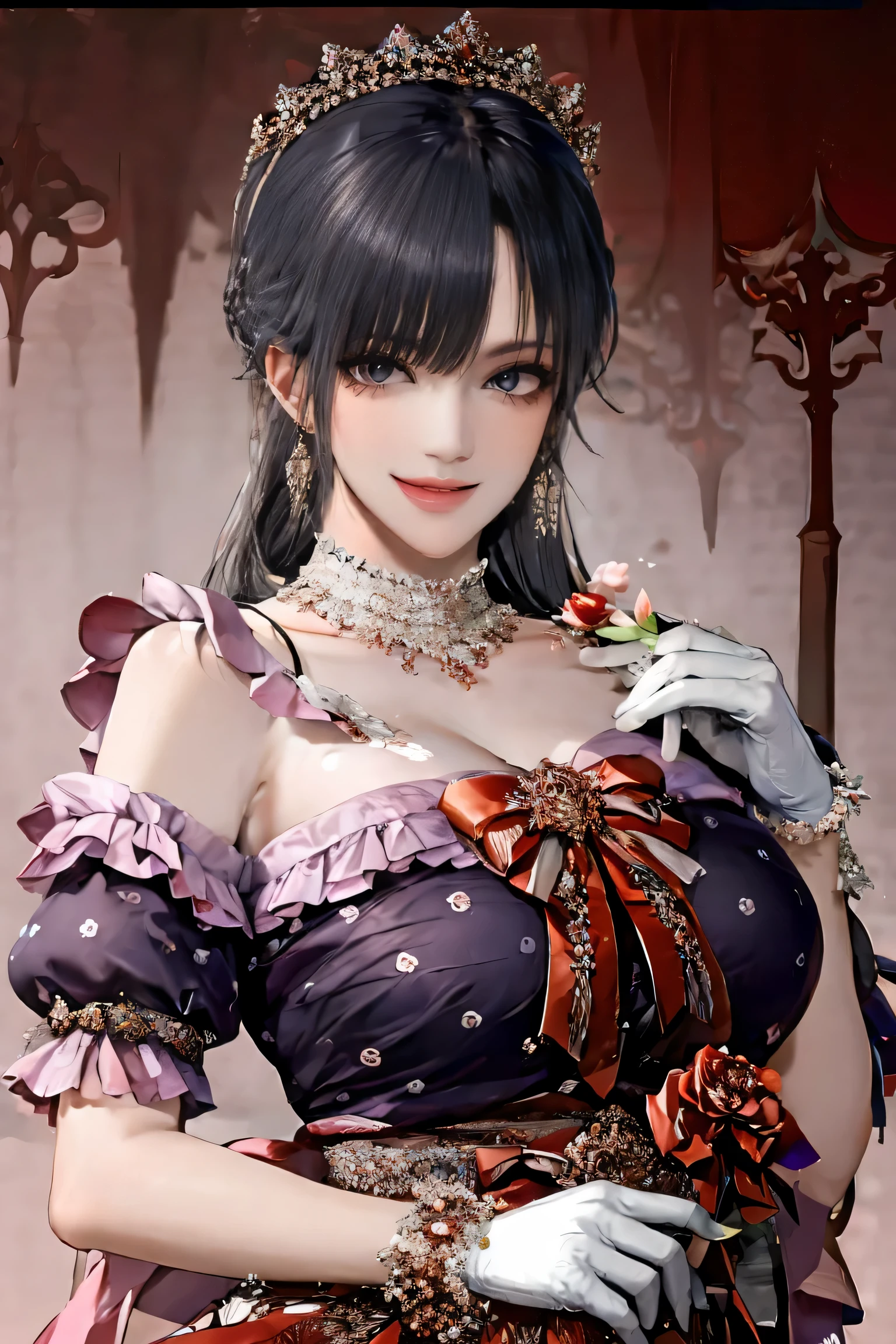 Shojo style, JK style, (floral background), romantic, (Fiona), 1 woman,(((have a mischievous smile,elder sister))), black curly hair,long black hair,alone, braid,((Maid outfit, Shaking skirt,open chest,Show your breasts:1.35,big breasts:1.35,The cracks are clear...,Show off red underwear)),((bare chest)),Made headband decorated with ฟ้าอ่อน flowers., purple dress, glove, long sleeve shirt,white stockings, choker, Mascara, lip makeup, white glove, black bow,((knife,holding blood stains)), bow, decorate, (looking at the audience,Smile for the camera..) collarbone, puffy sleeves, money accessories, Full body, smooth, light blue set, court, gag, Detailed eyes, cowboy shoot