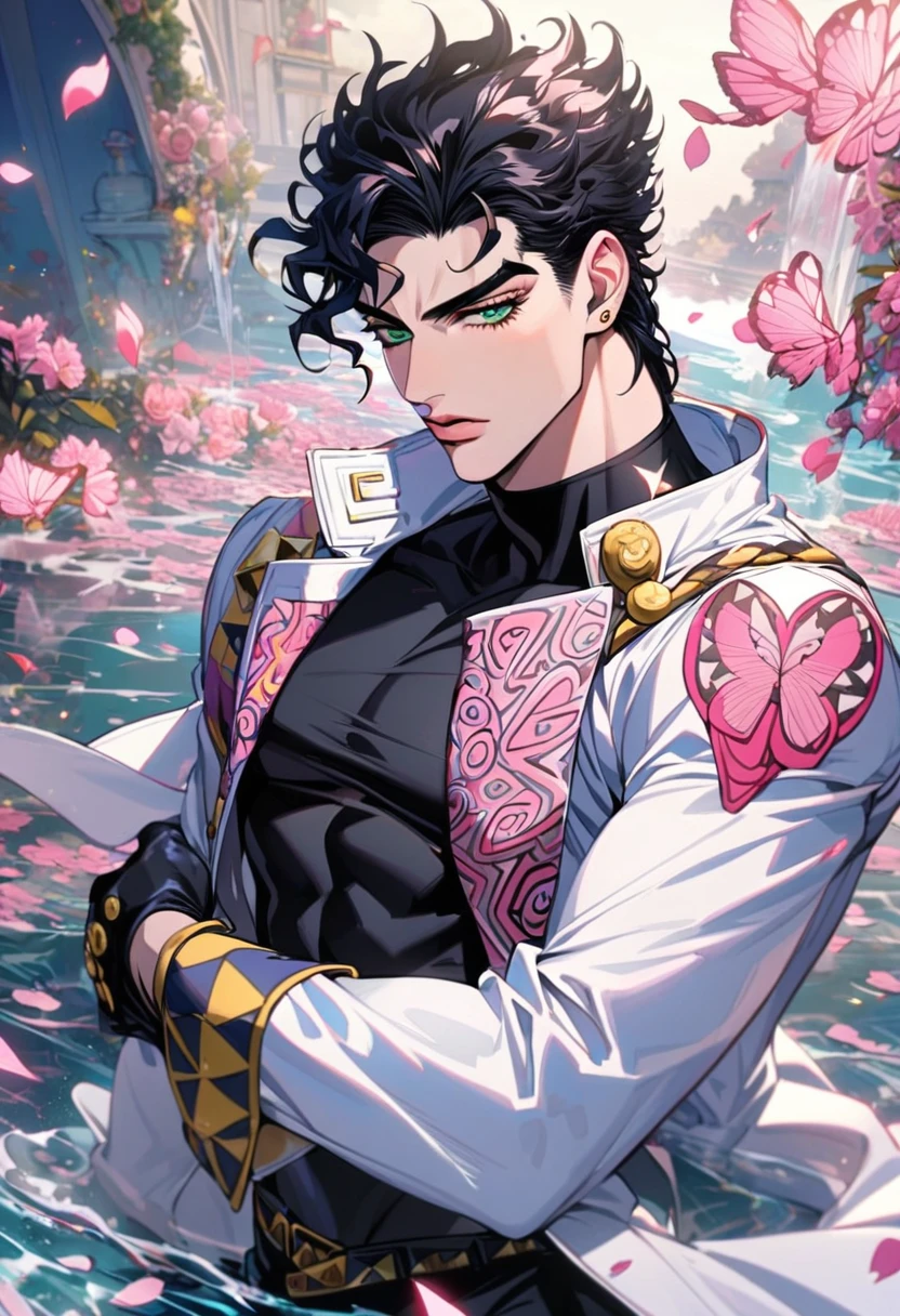 Ultra detailed, Highres, absurdres, Jotaro Kujo,black hair, green eyes, JoJo Bizarre Adventure, white long coat with patterns, pink flowers, petals, extremely handsome, sexy man, solo, very detailed eyes and face, black gloves, water, black pants, pink butterflies, black tight t-shirt,