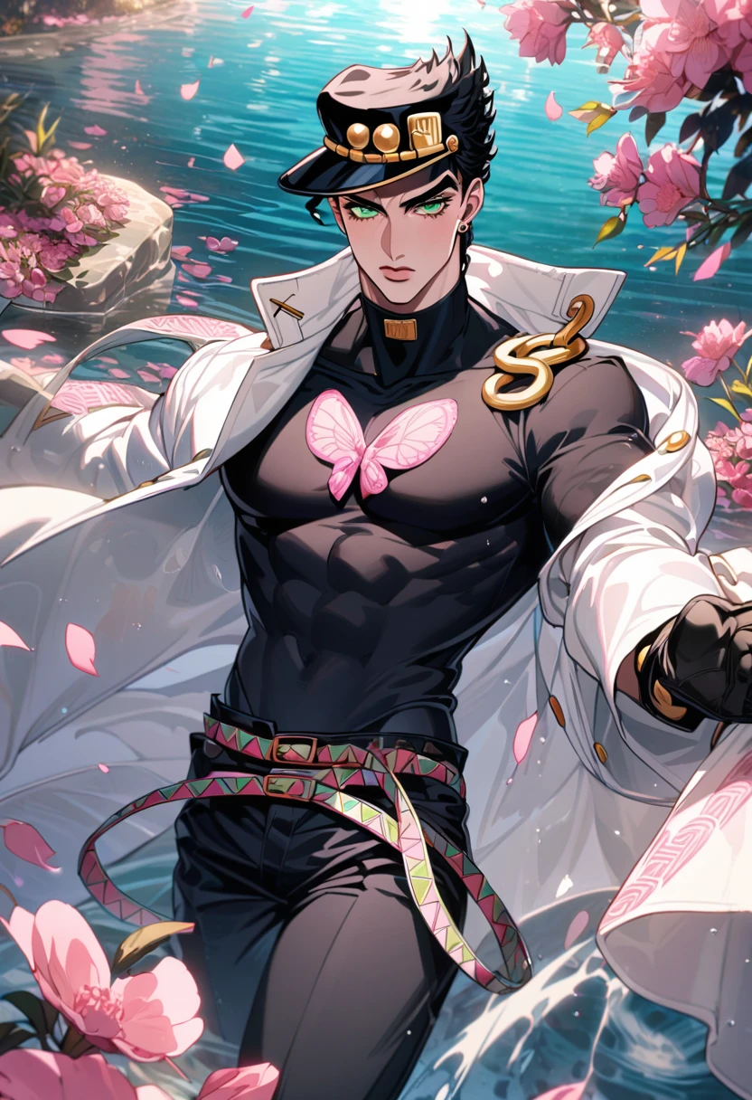 Ultra detailed, Highres, absurdres, Jotaro Kujo,black hair, green eyes, JoJo Bizarre Adventure, white long coat with patterns, pink flowers, petals, extremely handsome, sexy man, solo, very detailed eyes and face, black gloves, water, black pants, pink butterflies, black tight t-shirt,