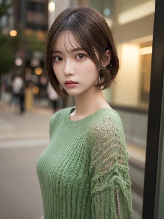 (masterpiece:1.3), (8k, Photorealistic, Raw photo, Best image quality: 1.4), 20-year-old girl、(Random Hairstyles:1.2)、Super detailed face、Attention to detail、double eyelid、Sharp focus:1.2、Beautiful woman:1.4、Light brown hair、highest quality、masterpiece、超A high resolution、(Photorealistic:1.4)、Highly detailed and professional lighting、Green sheer knitwear、thin、Serious expression、Short-haired、Deadly position、Clear Skin、Random pose、Shiny Hair、Sculpture model pose、