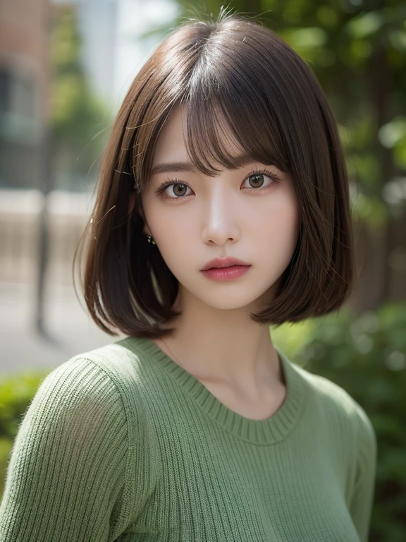 (masterpiece:1.3), (8k, Photorealistic, Raw photo, Best image quality: 1.4), 20-year-old girl、(Random Hairstyles:1.2)、Super detailed face、Attention to detail、double eyelid、Sharp focus:1.2、Beautiful woman:1.4、Light brown hair、highest quality、masterpiece、超A high resolution、(Photorealistic:1.4)、Highly detailed and professional lighting、Green sheer knitwear、thin、Serious expression、Short-haired、Deadly position、Clear Skin、Random pose、Shiny Hair、Sculpture model pose、