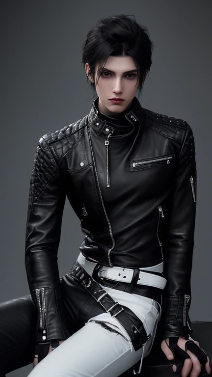 Final Fantasy-style graphics, young, Cute and cool Japanese boys, Thin eyebrows and big eyes,  He is wearing a shiny white single-breasted leather jacket...。Biker style leather jacket、 with epaulettes,  The jacket is zipped up, The jacket pockets are black., The jacket has a high stand-up collar with a belt, Also wearing a black turtleneck, black leather pants, Thin black leather gloves on both hands, Black leather knee-high lace-up boots, Show me your whole body from head to toe, Final Fantasy Style、((good looking))、((Clear eyes and nose))、((Shiny white single leather jacket))、((The jacket must be white))((The jacket has epaulettes))、((The jacket has a stand-up collar and a belt))、((The jacket has a black pocket))、((Black turtleneck shirt))、((光沢のあるblack leather pants))、((Shiny black leather gloves on both hands))、((Black lace-up leather long boots))、((View the whole body image from a distance))、Realistic image quality and texture、In a small cell、close your eyes、A kind smile、((The jacket is closed with a zipper))、((No exposed skin below the neck))、((round face))