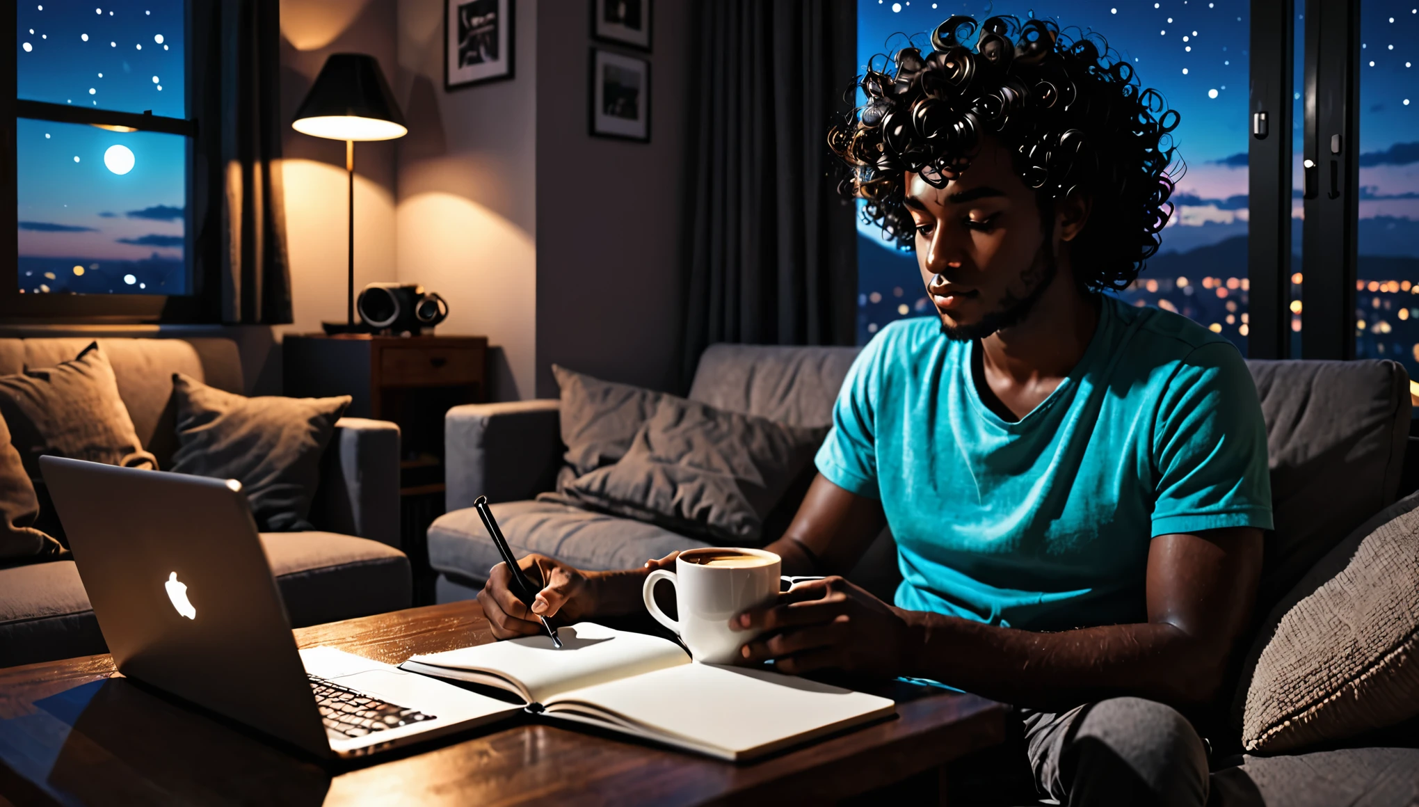 Lofi, Man, Dark skin, Black curly hair, Comfy, Notebook, Coffe, Night, Relax, Room, HD, High Resolution, Masterpiece, 4K