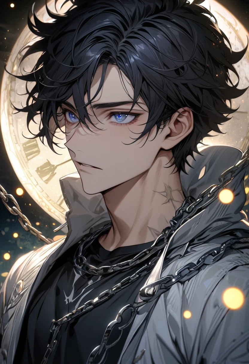 absurdres, highres, ultra detailed, HDR, master piece, best quality, extremely detailed face and eyes, perfect face, Akaashi Keiji, expressive dark blue eyes, black hair, Haikyu, solo, sexy man, handsome, white coat, black tight shirt, clock mechanical moon, fantasy, chains, fireflies