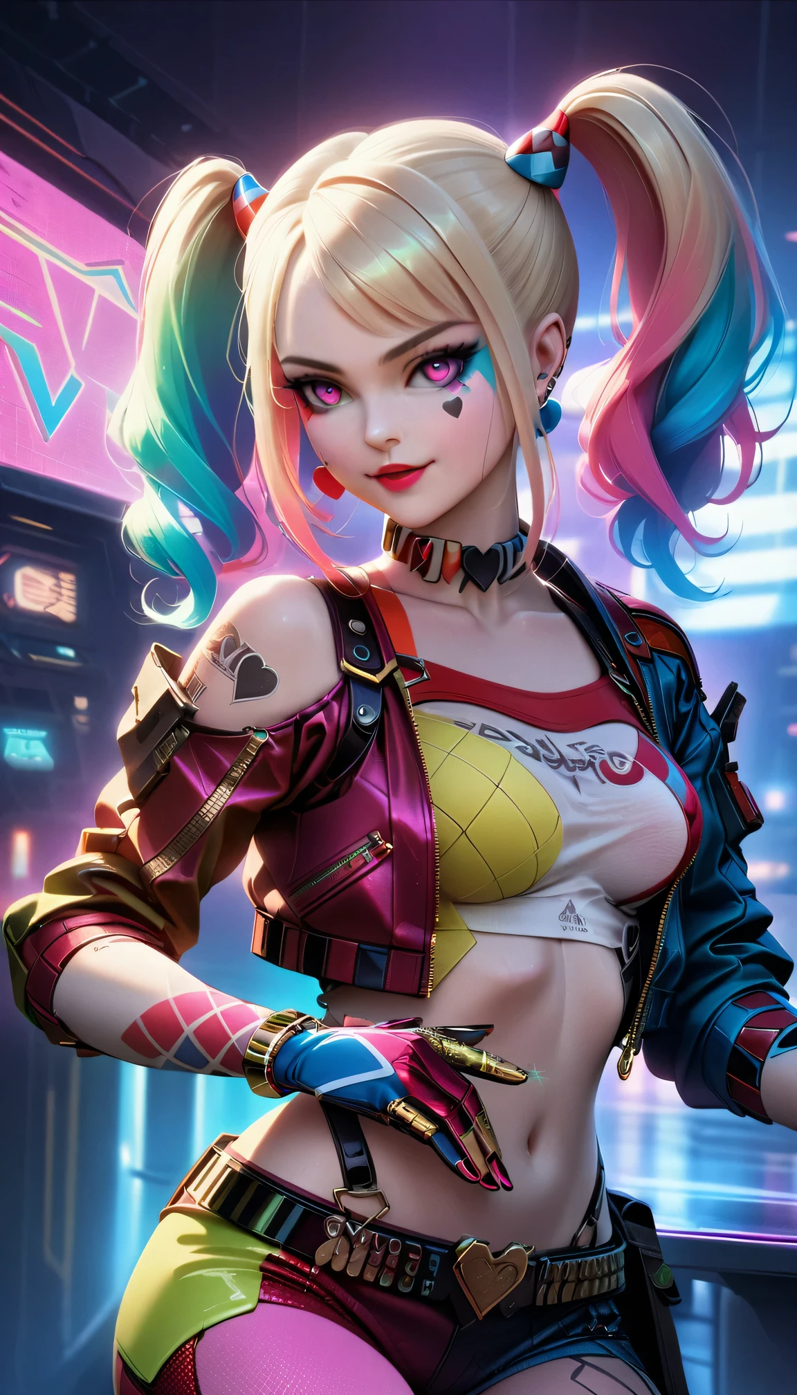 ((top-notch quality)), ((masterwork)), Subject: Cyberpunk Harley Quinn, Action: Smoking cannabis goodness, Artist: Louis Wain, Style: Cyberpunk, Cannabis-inspired, DMT, Artegem, Medium: Digital Rendering, Category: Comic Book Art, Color Palette: Vibrant, Cyberpunk, Cannabis-inspired, DMT, Digital Graphics: Ethereal Patterns, Transcendence, Resolution: High-Res, Positive Prompt: Create a ((top-notch quality)), ((masterwork)), ((true-to-life)) digital rendering that features the iconic character Harley Quinn from DC in a captivating cyberpunk setting. Illustrate her enjoying cannabis goodness while seamlessly incorporating elements of the cyberpunk, cannabis-inspired, DMT, Artegem, and chiaroscuro styles. Employ Louis Wain's artistic vision to construct the environment. Pay meticulous attention to high levels of detail and vibrant colors, infusing the composition with the essence of cyberpunk aesthetics. Include cannabis-inspired and DMT elements to create an ethe, Chiaroscuro, 4K, 4K, 1080P