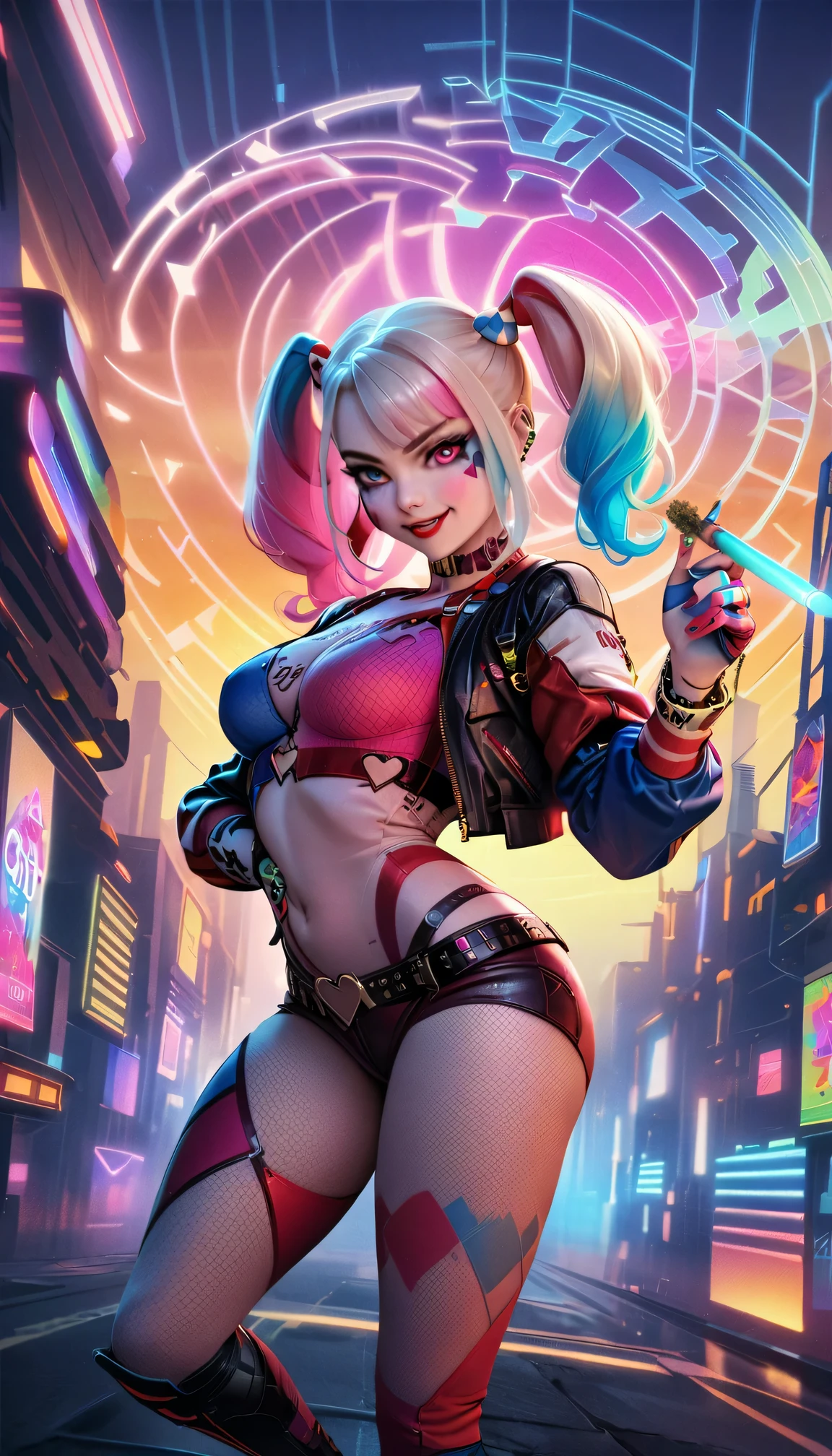 ((top-notch quality)), ((masterwork)), Subject: Cyberpunk Harley Quinn, Action: Smoking cannabis goodness, Artist: Louis Wain, Style: Cyberpunk, Cannabis-inspired, DMT, Artegem, Medium: Digital Rendering, Category: Comic Book Art, Color Palette: Vibrant, Cyberpunk, Cannabis-inspired, DMT, Digital Graphics: Ethereal Patterns, Transcendence, Resolution: High-Res, Positive Prompt: Create a ((top-notch quality)), ((masterwork)), ((true-to-life)) digital rendering that features the iconic character Harley Quinn from DC in a captivating cyberpunk setting. Illustrate her enjoying cannabis goodness while seamlessly incorporating elements of the cyberpunk, cannabis-inspired, DMT, Artegem, and chiaroscuro styles. Employ Louis Wain's artistic vision to construct the environment. Pay meticulous attention to high levels of detail and vibrant colors, infusing the composition with the essence of cyberpunk aesthetics. Include cannabis-inspired and DMT elements to create an ethe, Chiaroscuro, 4K, 4K, 1080P