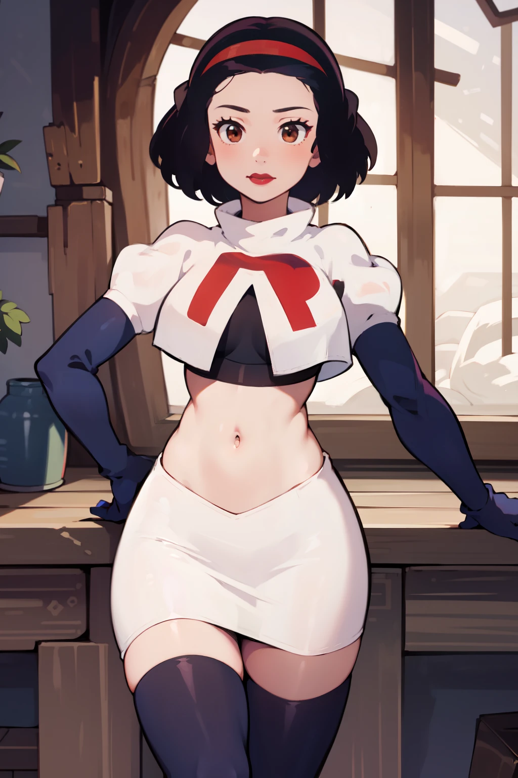 1girl, solo,   SnowWhite, short hair, black hair, smooth hair, brown eyes, lipstick, red lipstick, pale skin, hair bow, hairband, team rocket,team rocket uniform,white skirt,red letter R,crop top,black thigh-highs,black elbow gloves, cowboy shot, looking at viewer,