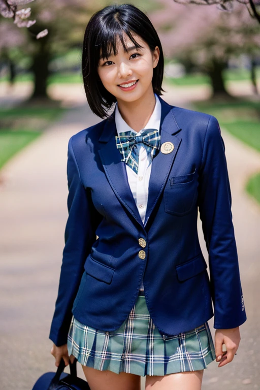 (highest quality,8K),(smile),(cowboy shot),(school uniform),(Navy Blue Blazer:1.5),(The blazer is long),(long sleeve white shirt),(Sports Bags),(One bag),A bow tie,(green tartan skirt:1.2),(White socks),Long face,Black hair bob,Cherry blossom trees