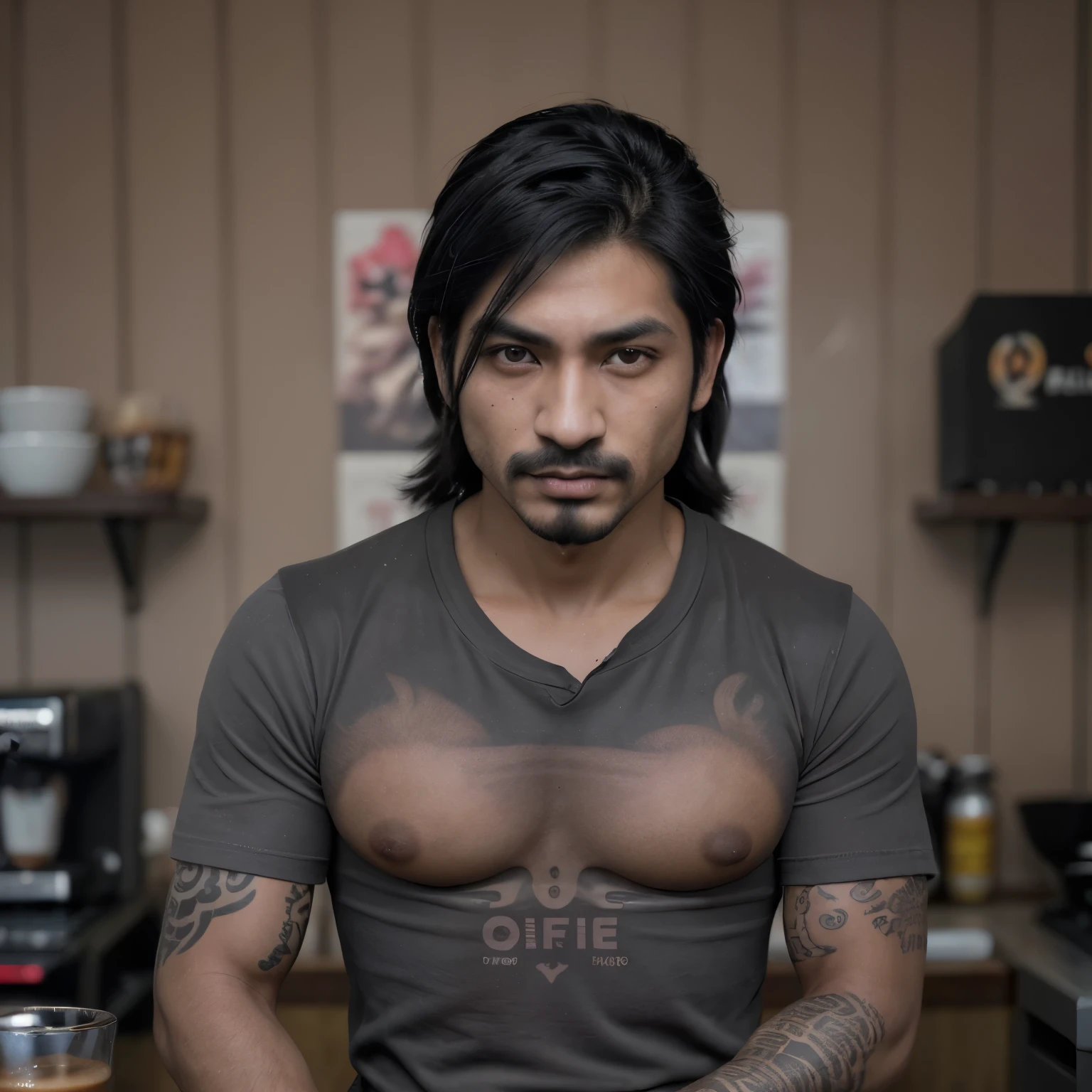 Crea foto de chico con rasgos asiaticos,lindo, cabello negro oscuro, piel palida, ojos cafes, tatuado, camisa negra fondo gris. Imagen realista imagen humana.