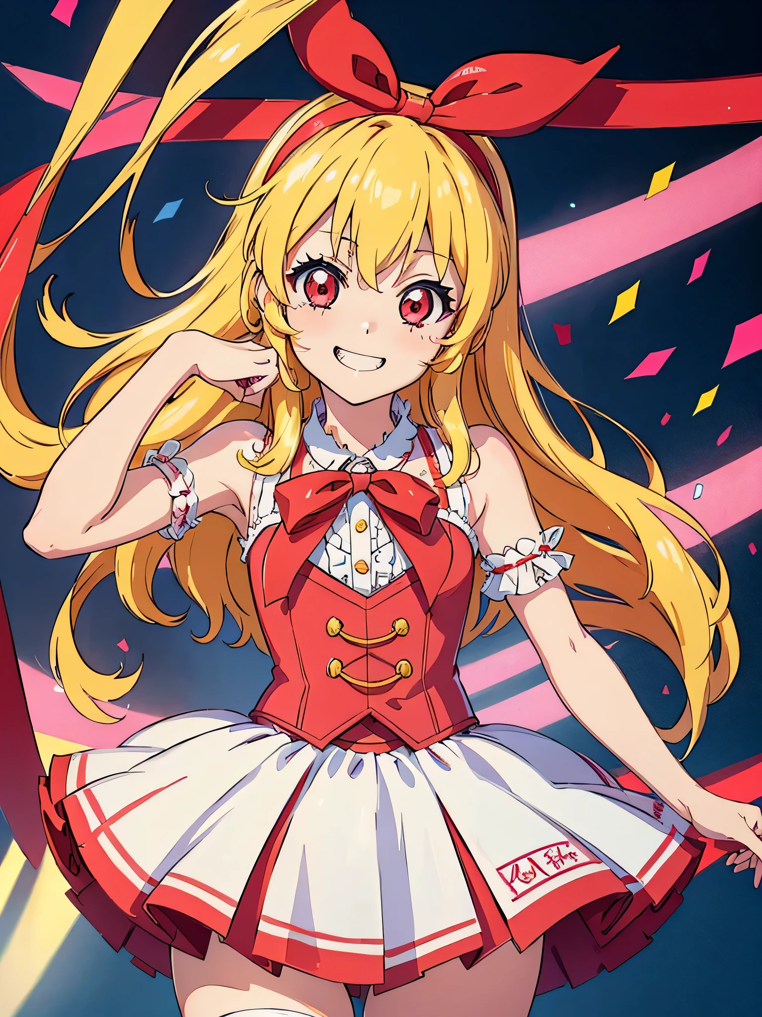 (red ribbon on hairband:1.2),（8K, best quality, muste piece:1.2)、ultra high resolution,1 very cute girl,hosimiya ichigo,ultra-detailed face, detailed eyes,RED eyes,smile, grin, happy,,masterpiece, best quality, extremely detailed, 1 girl,pink Super ultimate idol, pink Super ultimate idol costume, live stage, confetti1 girl, 