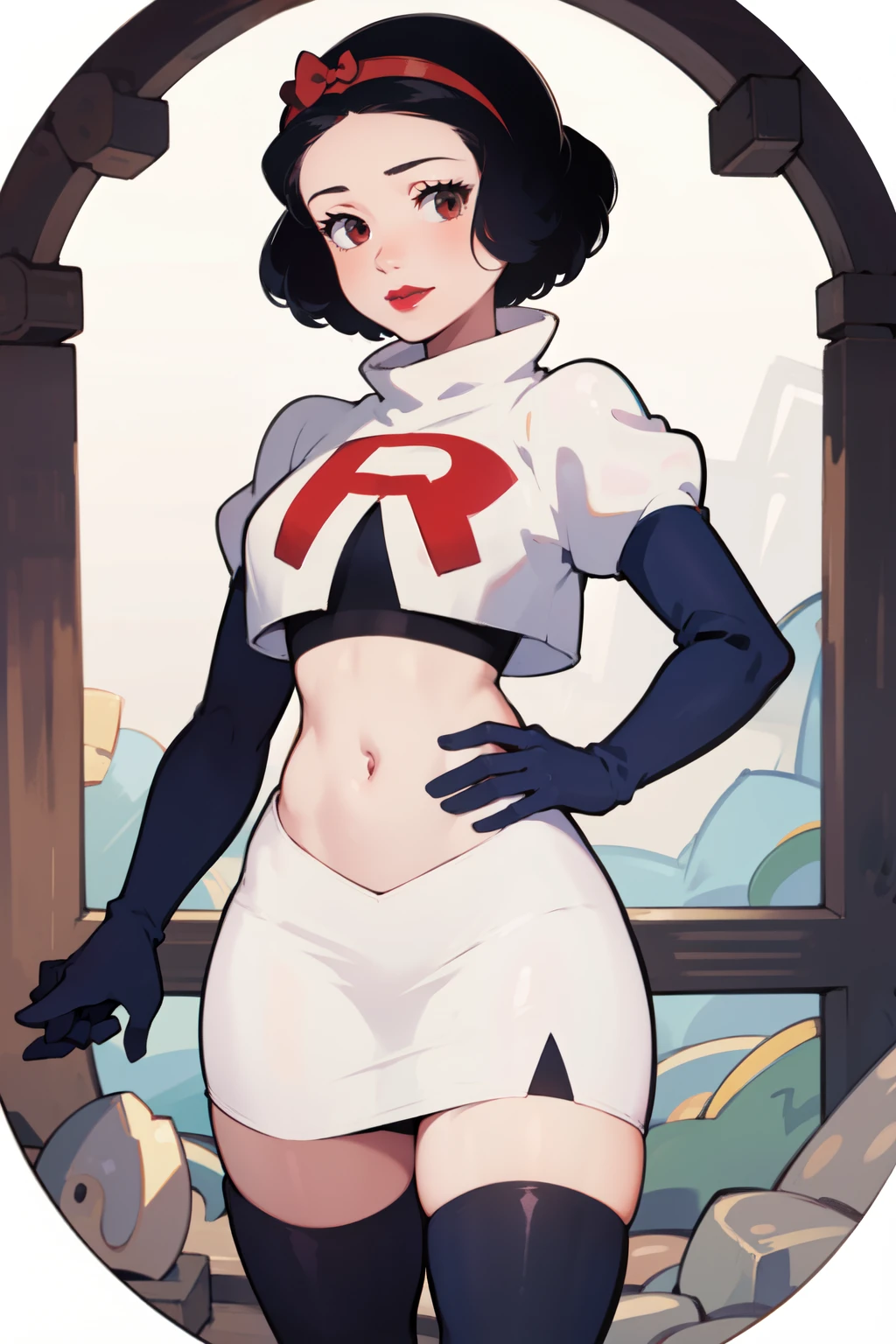 1girl, solo,   SnowWhite, short hair, black hair, smooth hair, brown eyes, lipstick, red lipstick, pale skin, hair bow, hairband, team rocket,team rocket uniform,white skirt,red letter R,crop top,black thigh-highs,black elbow gloves, cowboy shot, looking at viewer,