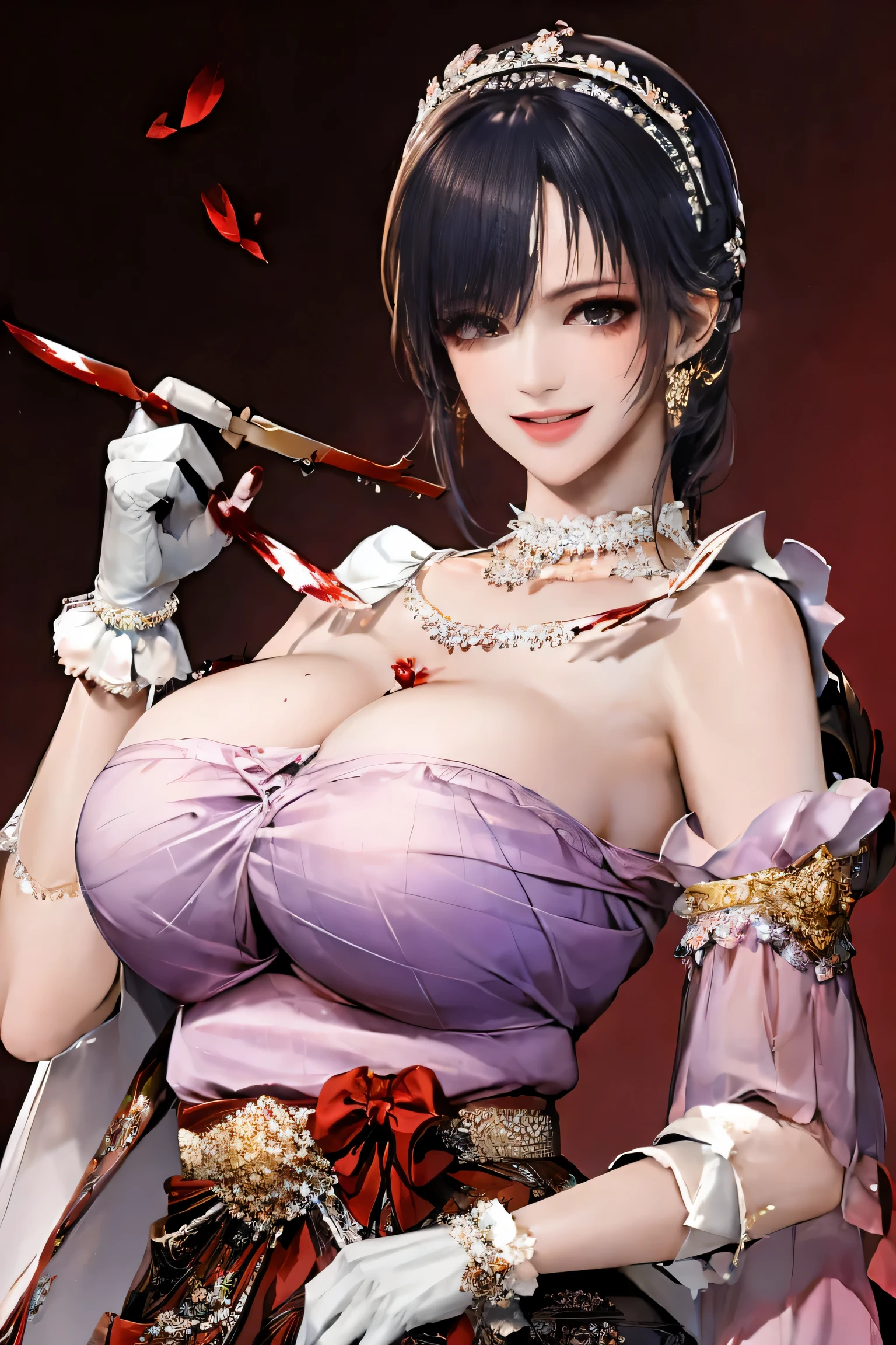 Shojo style, JK style, (floral background), romantic, (Fiona), 1 woman,(((have a mischievous smile,elder sister))), black curly hair,long black hair,alone, braid,((Maid outfit, Shaking skirt,open chest,Show your breasts:1.35,big breasts:1.35,The cracks are clear...,Show off red underwear)),((bare chest)),Made headband decorated with ฟ้าอ่อน flowers., purple dress, glove, long sleeve shirt,white stockings, choker, Mascara, lip makeup, white glove, black bow,((knife,holding blood stains)), bow, decorate, (looking at the audience,Smile for the camera..) collarbone, puffy sleeves, money accessories, Full body, smooth, light blue set, court, gag, Detailed eyes, cowboy shoot