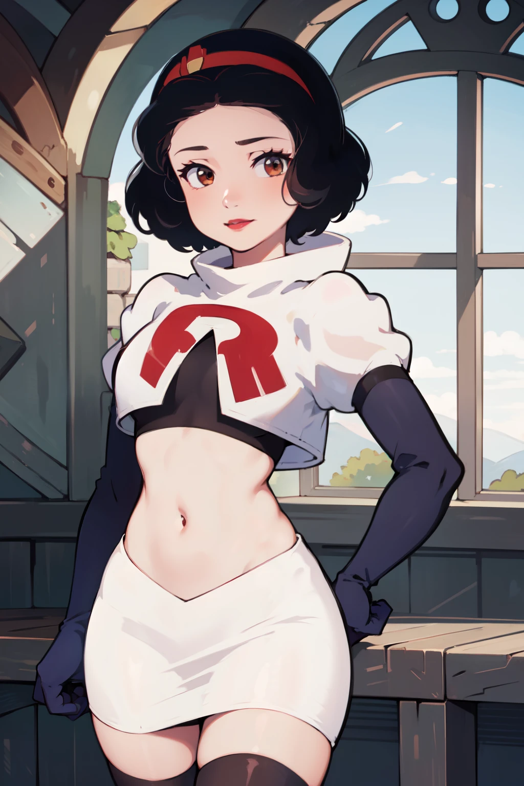 1girl, solo,   SnowWhite, short hair, black hair, smooth hair, brown eyes, lipstick, red lipstick, pale skin, hair bow, hairband, team rocket,team rocket uniform,white skirt,red letter R,crop top,black thigh-highs,black elbow gloves, cowboy shot, looking at viewer,