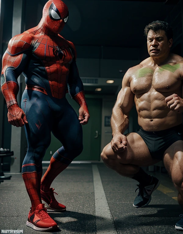 realistic. spiderman and hulk, wear nike shoes. super sturdy, huge muscle. gym as background
