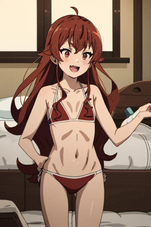 ((highest quality)), ((masterpiece)), (be familiar with), Perfect Face, indoor, Bedroom, Watching the audience,
One woman, Ellis Boreas Greyrat,
Open Mouth, Ecstatic expression, blush, smile,
Small breasts, Flat Chest, Young Girl, , , Girl,
Long Hair, Red Hair, Red eyes, Long Hair,
Swimwear, Red micro bikini,