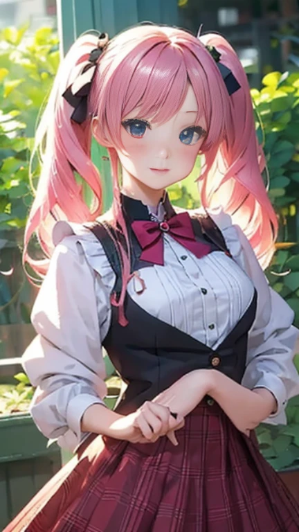 Glasses、小さなgirl、The arrival of spring、big butt、 (alone:1.5,)Super detailed,bright colors, very beautiful detailed anime face and eyes, look straight, ;shiny_skin,girl, ((gradient hair, , Half white、half pink hair: 1.2)) 、forehead is exposed.、green eyes、shiny hair, delicate beautiful face, blush、(turquoise eyes), White skin, Valletta, earrings,、blue flower field、((ribbon、(Floral、See-through、blouse、Floral、Light purple skirt)))、twin tails、smile、happy face、face dyed red