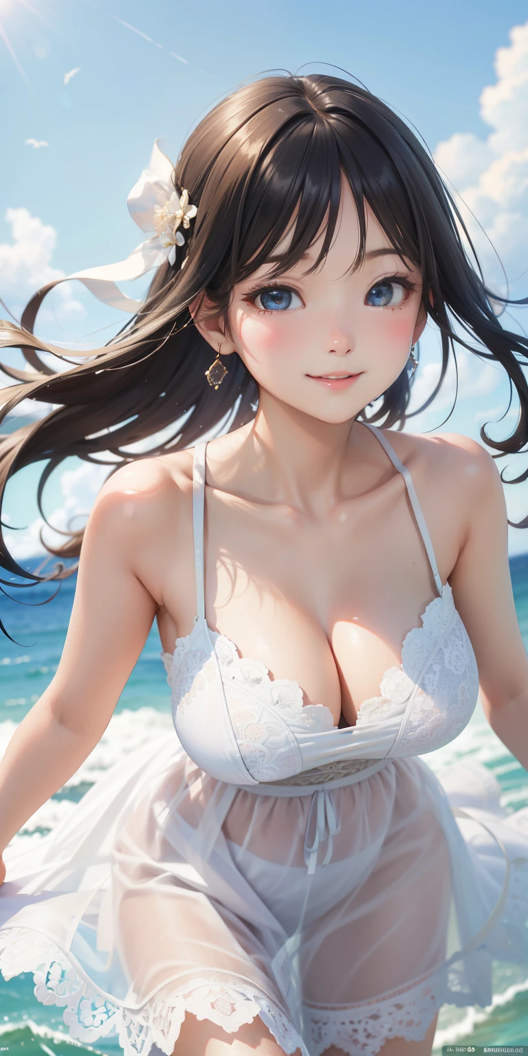 very cute and beautiful girl,White ruffled sundress with fine lace,(Very exquisite beautiful face and eyes:1.2),smile
ひまわり畑の真ん中に立つ,Beautiful summer sky,
Mid Shot,(smile),Black Hair,Dynamic pose,Leg details,Big Breasts、Perfect proportions
(highest quality,masterpiece:1.2),Absurd,High resolution,Very detailedな,Very detailed,32k,8k resolution,
Intricate details,Movie Scenes,Detailed Background,alone,Dynamic Angle,
alone,Hair blowing in the wind,Second dimension beautiful girl