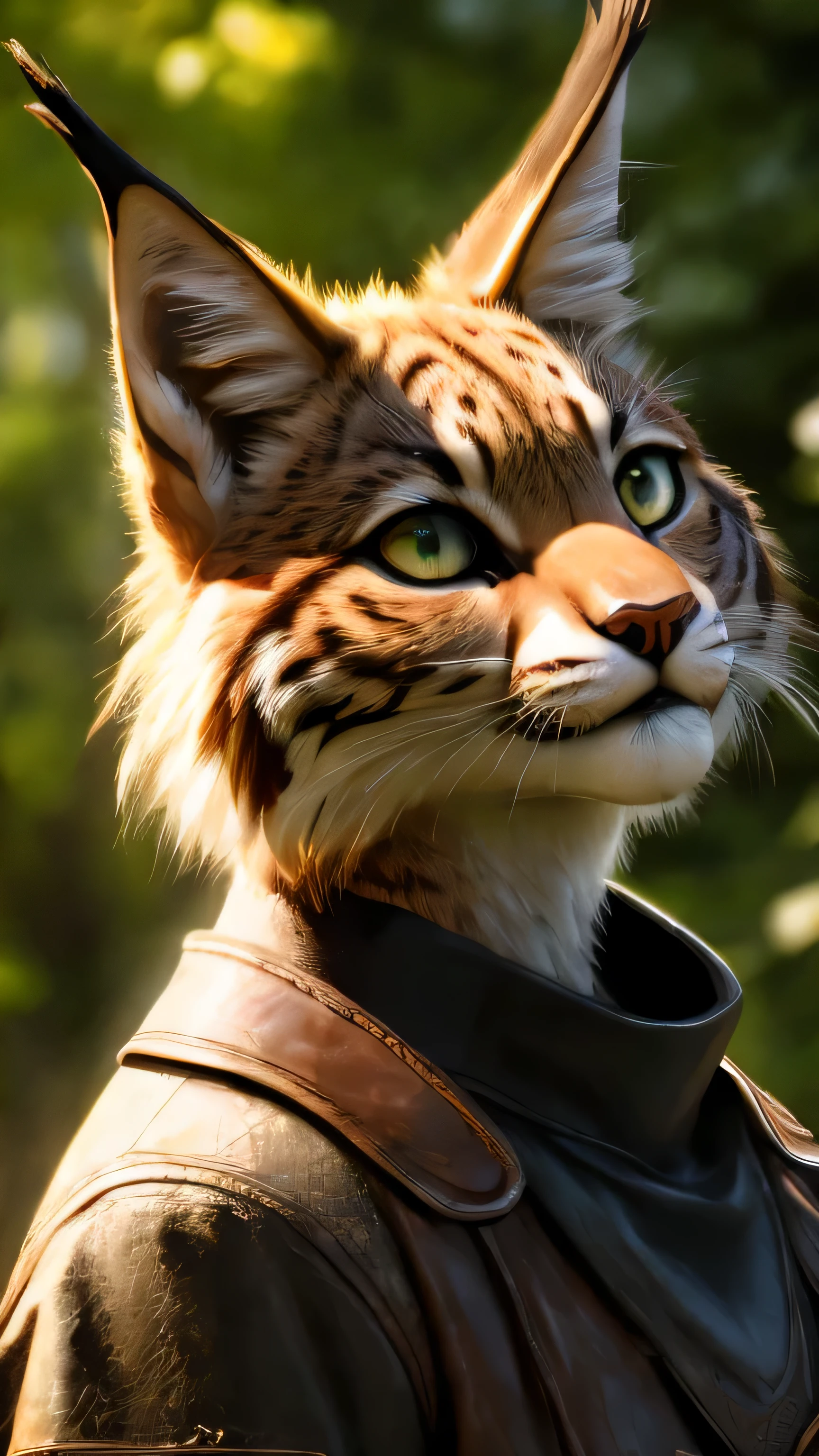 (best quality,4k,8k,highres,masterpiece:1.2),ultra-detailed,(realistic,photorealistic,photo-realistic:1.37),female lynx wearing a black jacket,short tail,wild cat,sharp focus,piercing eyes,furry texture,detail description,striking pose,forest background,vivid colors,lush greenery,soft sunlight,subtle shadows,sumer-like lighting,animal lover,artistic rendering.