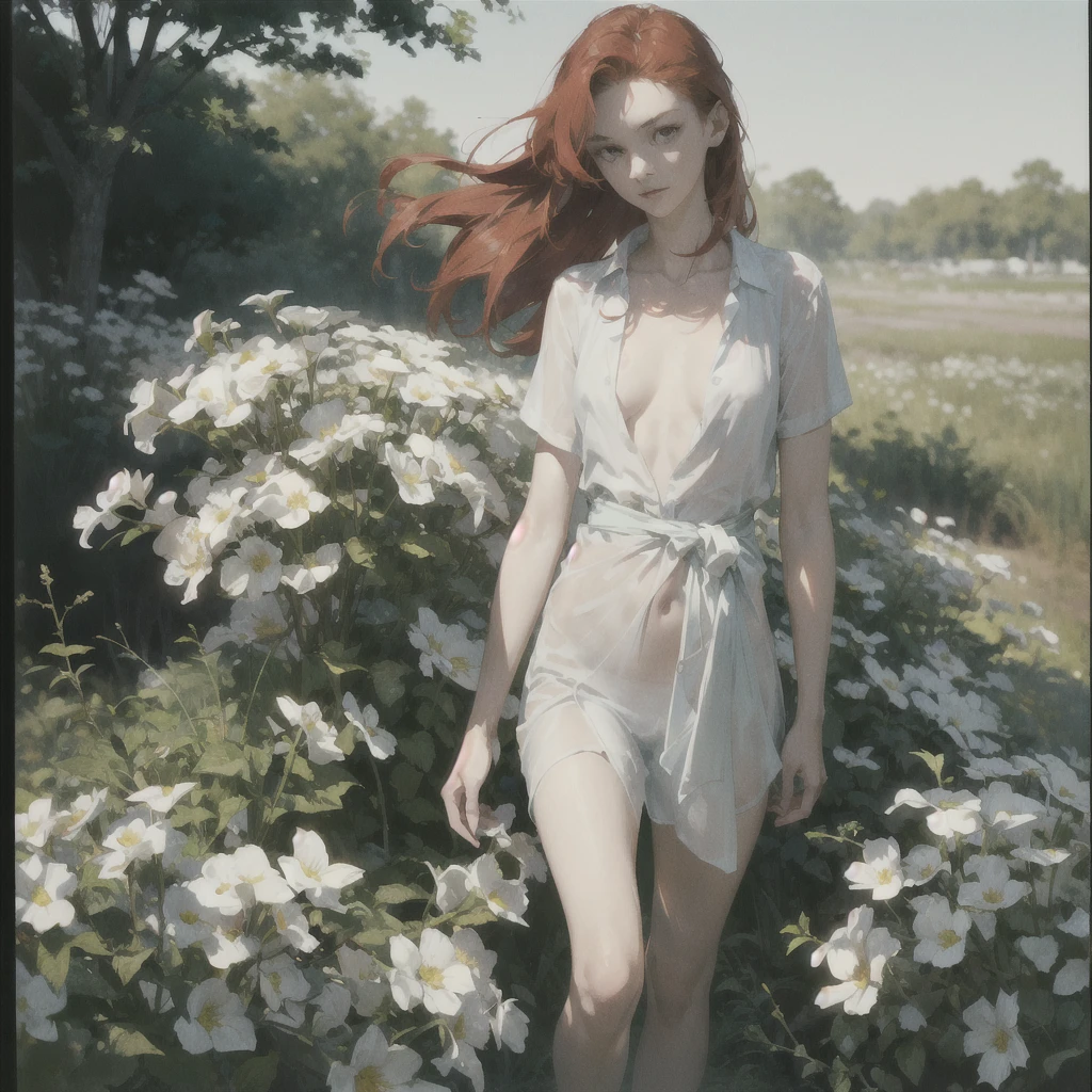 Beautiful slender thin exquisite (nude) girl 16 years old with a perfect face of the southern type with red hair with tender breasts with tender nipples barefoot with bare hips ((with red pubic hairs)) ((in an open light shirt over a naked body)) coming (along the brick road) (in the middle of a flowering field), in a gentle watercolor style, Discreet shades, sfumato, haze, diffused dim light, delicate mint shades, imitation of film photography