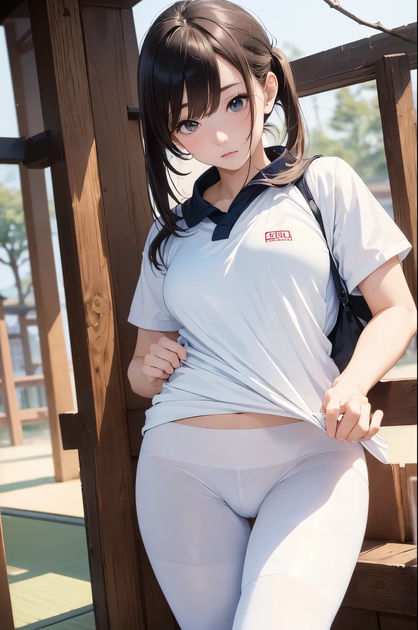 (((masterpiece))),(((High resolution)))、(((8K)))、(((perfect face)))、(((beauty of japan)))、30 years old, ((white tights)), ((sports wear)), embarrassed look, look at the camera, top quality eyes, detailed texture, look at the camera