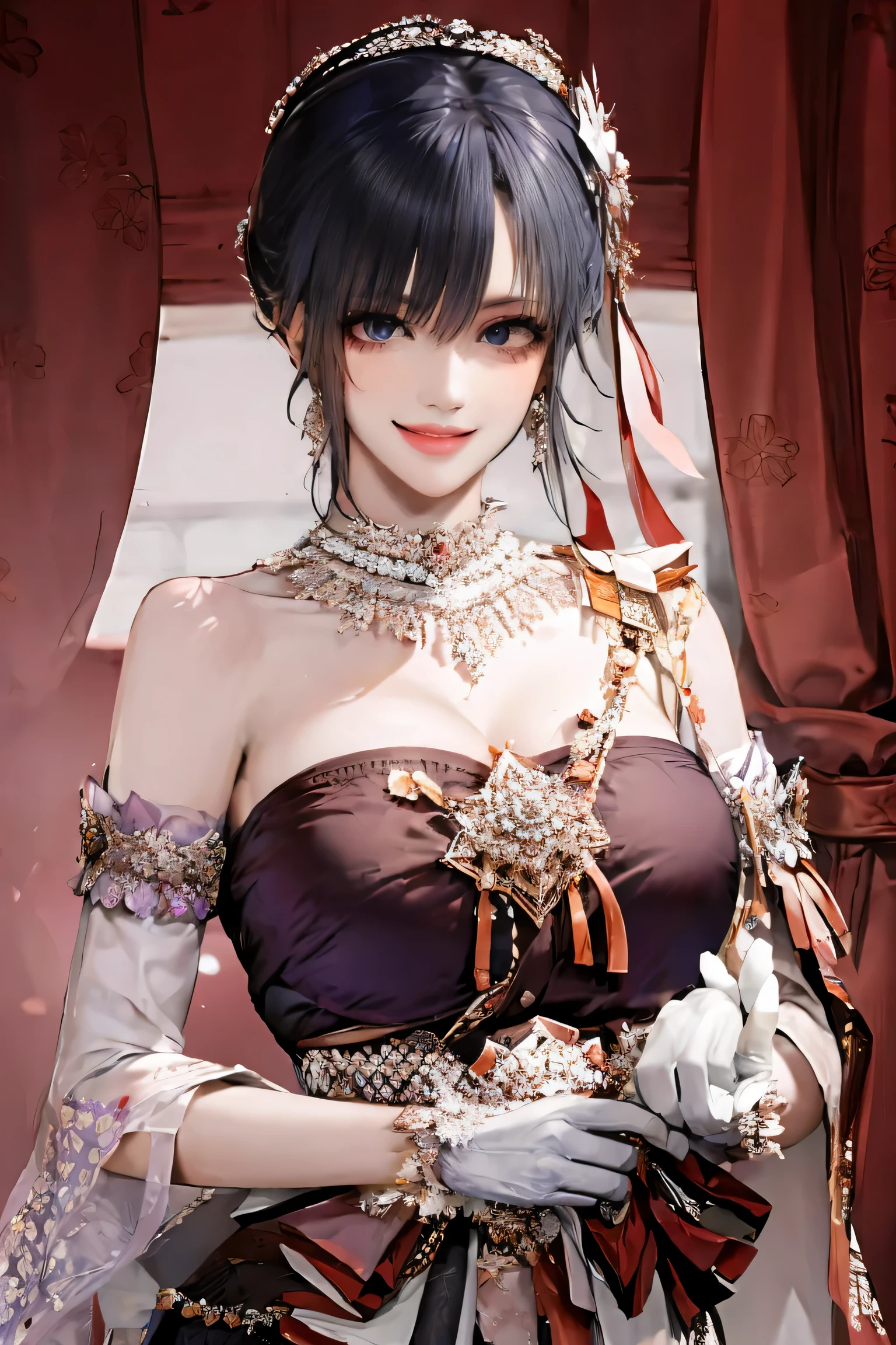 Shojo style, JK style, (floral background), romantic, (Fiona), 1 woman,(((have a mischievous smile,elder sister))), black curly hair,long black hair,alone, braid,((Maid outfit, Shaking skirt,open chest,Show your breasts:1.35,big breasts:1.35,The cracks are clear...,Show off red underwear)),((bare chest)),Made headband decorated with ฟ้าอ่อน flowers., purple dress, glove, long sleeve shirt,white stockings, choker, Mascara, lip makeup, white glove, black bow,((knife,holding blood stains)), bow, decorate, (looking at the audience,Smile for the camera..) collarbone, puffy sleeves, money accessories, Full body, smooth, light blue set, court, gag, Detailed eyes, cowboy shoot