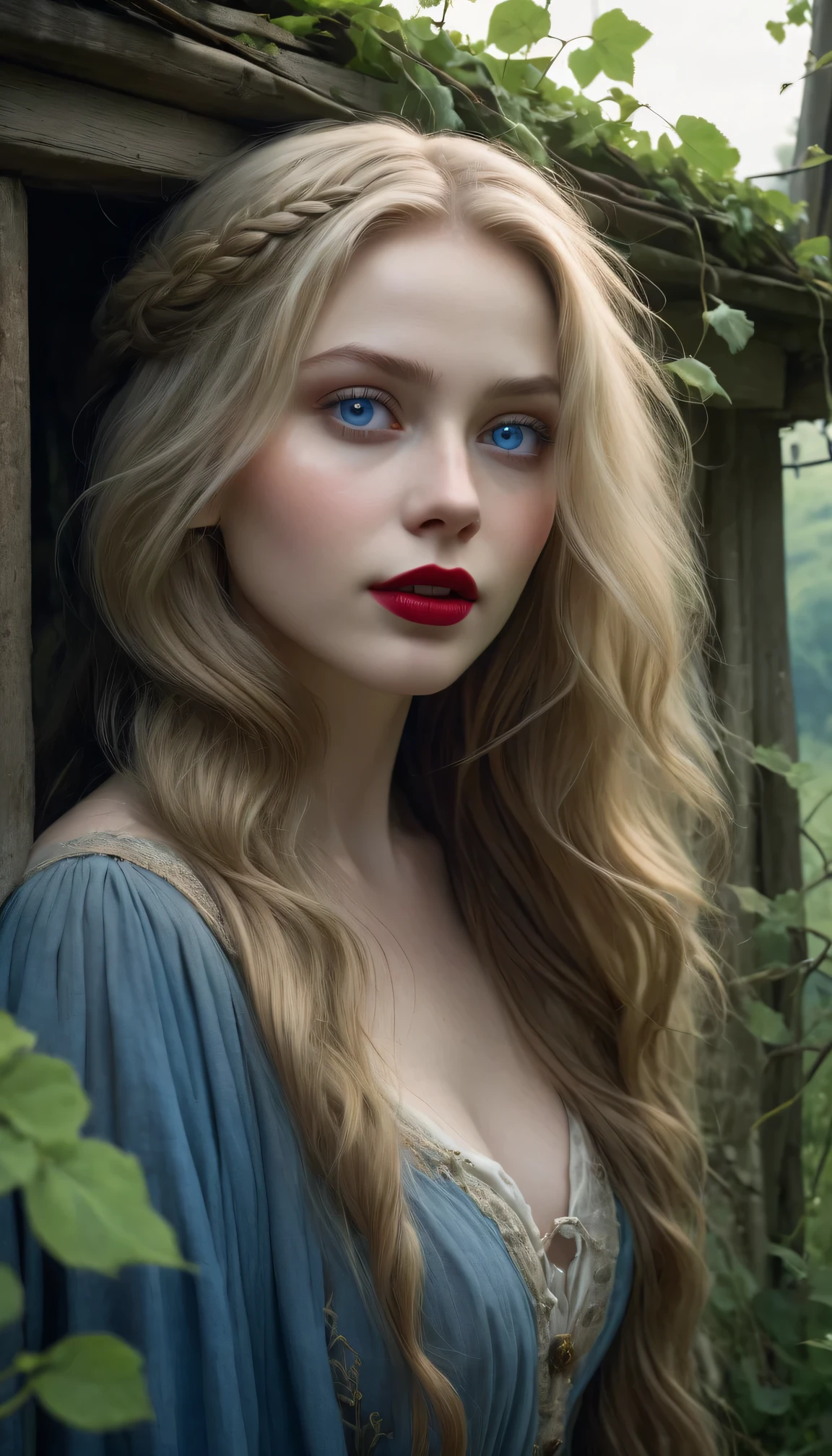 (best quality,4k,8k,highres,masterpiece:1.2),ultra-detailed,(realistic,photorealistic,photo-realistic:1.37),creepy girl in an abandoned village,lush greenery,hauntingly beautiful girl with pale skin,long,flowing hair in disarray,mesmerizing and intense blue eyes,plump,red lips with a mysterious smile,detailed and delicate facial features,overgrown vines and plants crawling on the dilapidated houses,crumbling walls and broken windows scattered throughout the village,faint glow of moonlight casting eerie shadows,subtle mist enveloping the surroundings,muted color palette with hints of desaturated blues and purples,toxic atmosphere with a sense of foreboding,soft and diffused lighting creating an ethereal ambiance,dilapidated shrine hidden among the trees,hints of supernatural elements blending with reality,dark secrets lurking within the village,charmingly creepy with a touch of melancholy.