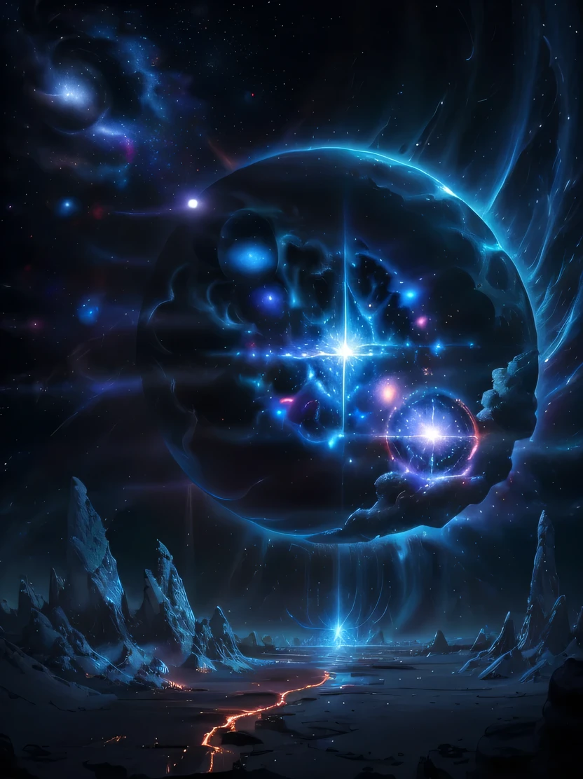 A blue and black image of a planet with a star in the middle - SeaArt AI