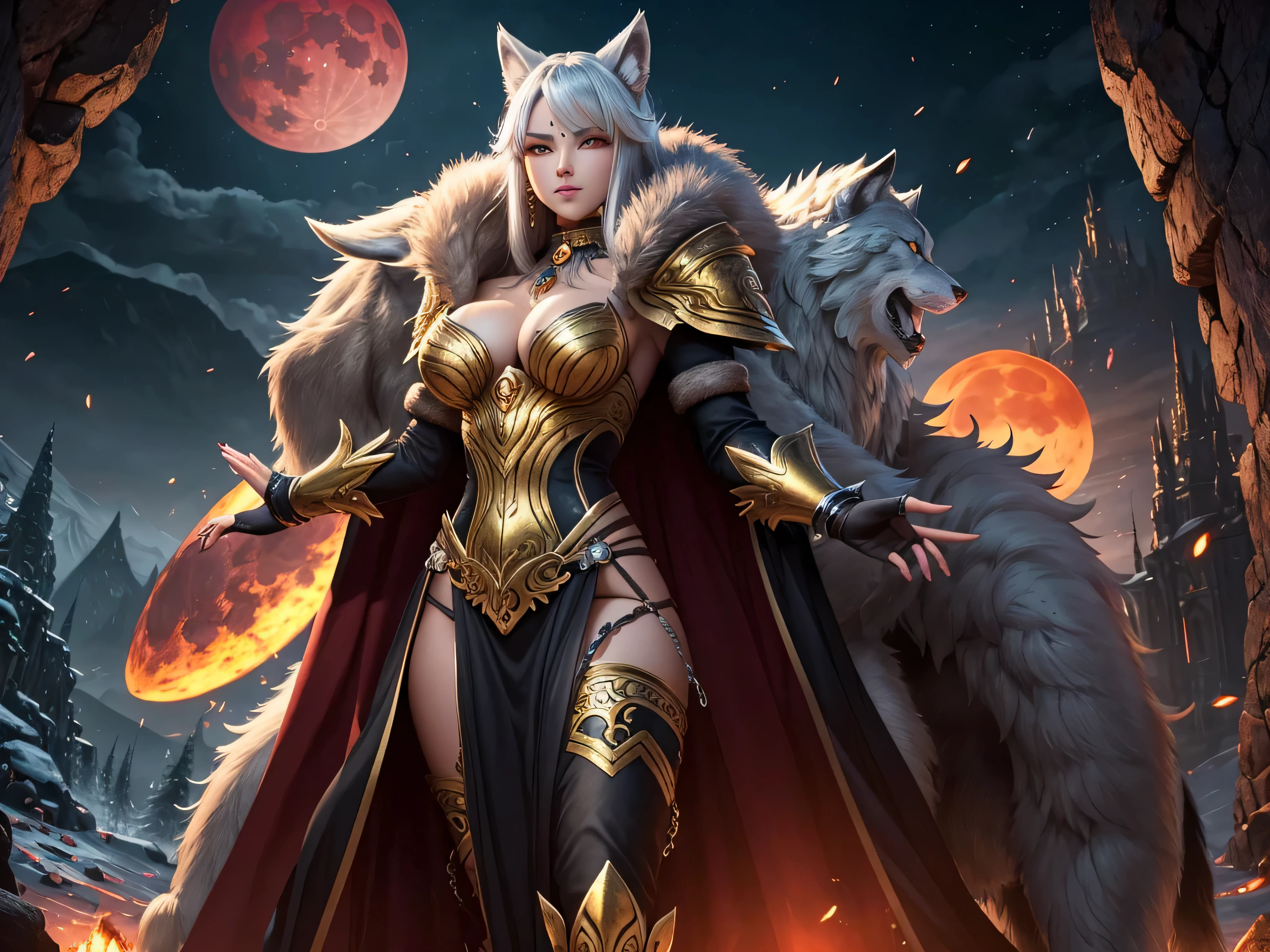 Enrage beautiful female werwolf with silver hair lot of golden jewellery on her ears dressed in fur open fur armor protecting couple wolf cubs near cave layer under the red moon, ultra high quality fantasy art, masterpiece, full body figure character, ultra highquality character design, 8k quality anime art, top quality wallpaper illustration, detailed high quality face, highquality design and acurate physcs