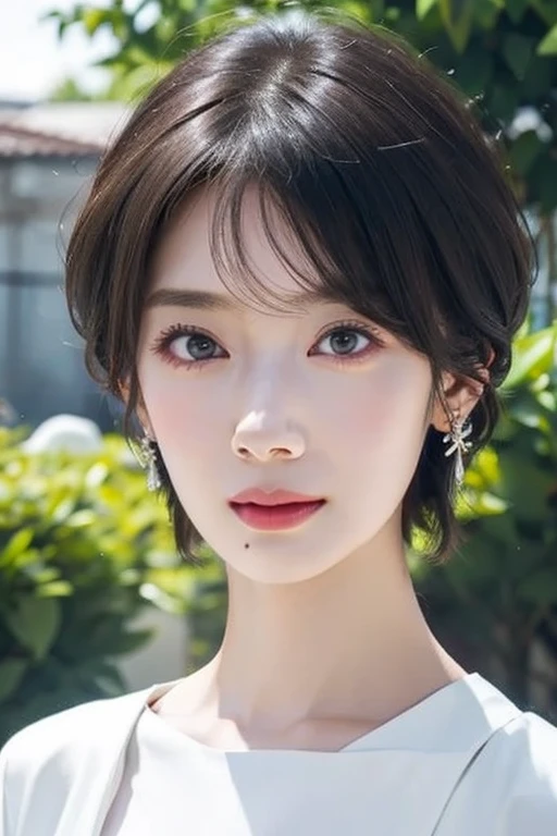 A woman with a short hair and a white top - SeaArt AI