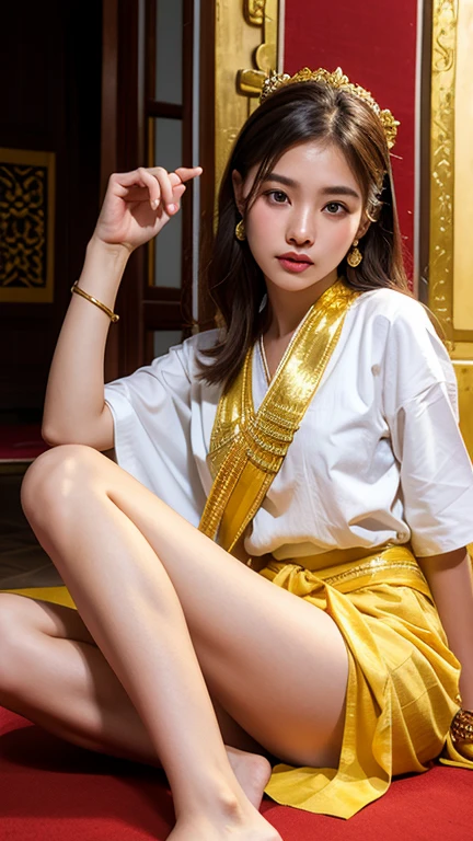 Create an image of a Thai girl, about 20 years old, with a beautiful face, wearing a traditional Thai style shirt (Kratomok), white with a yellow flowing cloth with a gold pattern. and wore sarongs that people in the ancient palace wore red with gold pattern Decorated with gold jewelry including bracelets, earrings and necklaces, she sits on the floor with her side turned to the left and her legs crossed. The right arm is raised to the level of the face, pretending to be a crane's head, and the left hand holds a red cloth bag (shaped like a jar) full of coins. blurred background