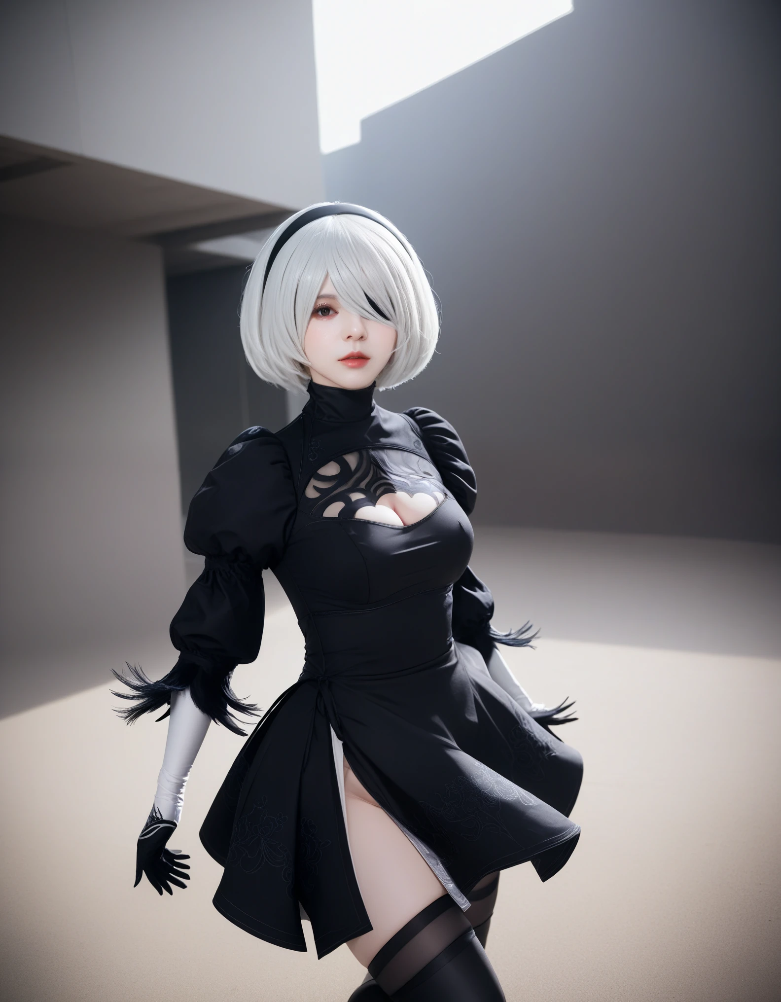 Real Photos、nier:Beautiful cosplay of 2B from Automata、2B、A woman cosplaying as 2B、White skin、tall、Great style、Big Breasts、Small face、High nose、Sharp Eye、Beautiful Face、Beautiful face、30 years old、British women、Half British、nier:2B&#39;s black costume from Automata、Stylish background、Light background、Blur the background、Fantasyな都市を背景に、kiss the viewer、2B&#39;s selfie、Shooting from a diagonal angle、masterpiece、highest quality、high resolution、Cosplayer Photos、Professional Photoodel、Fantasy、Glaring at the audience、Angry expression、Cosplay makeup style、Real Cosplay Photo、Cool and beautiful photos、Wrapped in a pale white glow、good looking