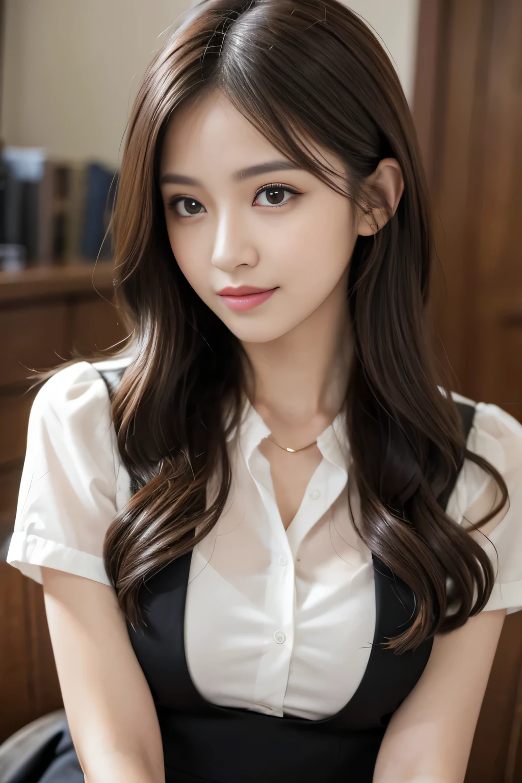 masterpiece, best quality, ultra-detailed, intricately detailed hyperdetailed, realistic, sharp features, highly detailed, sharp focus, Realistic, Photorealistic:1.3, (:1.5), perfect face, perfect symmetrically eyes, perfect full lips, hyper detailed, hyper realistic, high resolution, Fashion Model, Japanese Idol, Slender, brown hair, Stylish, model poses, Beautiful Face, light brown hair, messy hair, asymmetrical bangs, (seductive smile:1.2), (looking at viewer), cinematic lighting, (office lady suit), Office, (Random Pose), Black jacket, (collared white shirt), Black tight skirt, Long sleeves, Suit, cleavage, Formal, Smile, Black pantyhose, a beauty girl ,8K, high resolution,Raw photo, (Best Quality:1.2), Realistic, Photorealsitic, Sharp Focus,