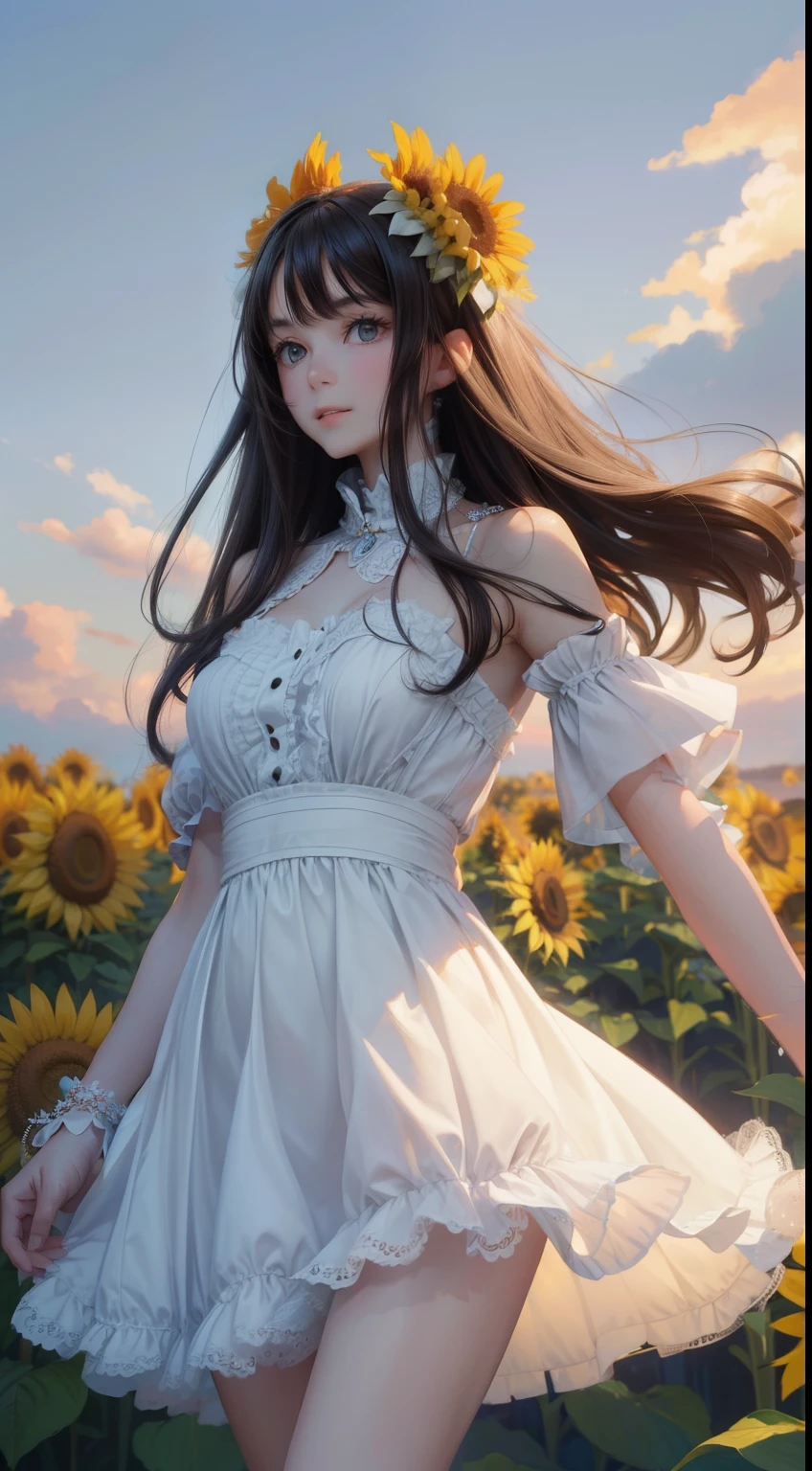 very cute and beautiful girl,White ruffled sundress with fine lace,(Very exquisite beautiful face and eyes:1.2),
standing in the middle of a field of sunflowers,Beautiful summer sky,
Mid Shot,(smile),Black Hair,Dynamic pose,Leg details,
(highest quality,masterpiece:1.2),Absurd,High resolution,Very detailedな,Very detailed,32k,8k resolution,
Intricate details,Movie Scenes,Detailed Background,alone,Dynamic Angle,
alone,Hair blowing in the wind,Second dimension beautiful girl