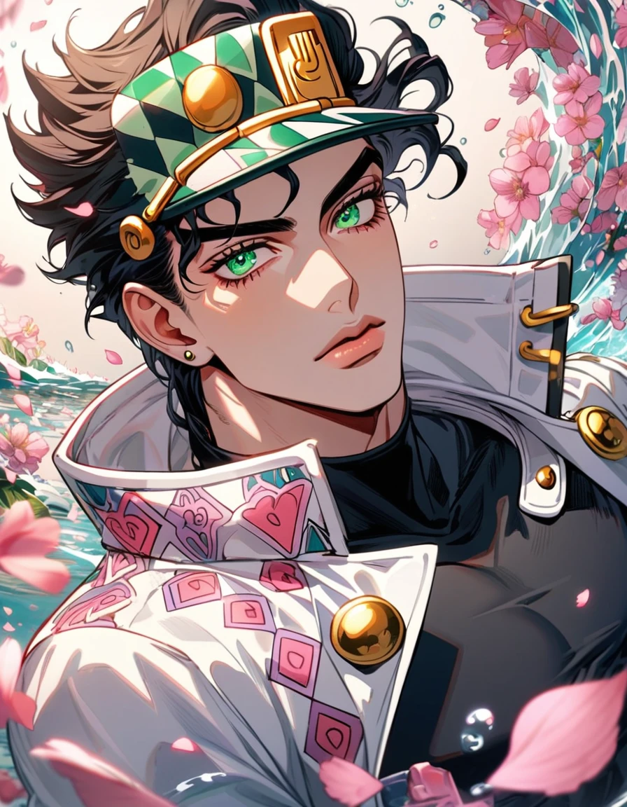 Ultra detailed, Highres, absurdres, Kujo Jotaro, black hair, green eyes, JoJo Bizarre Adventure, white long coat with patterns, pink flowers, petals, extremely handsome, man, solo, very detailed eyes and face, black gloves, water, pink butterflies, black tight t-shirt,