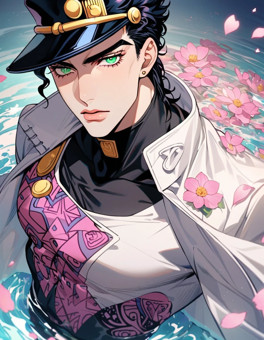 Ultra detailed, Highres, absurdres, Kujo Jotaro, black hair, green eyes, JoJo Bizarre Adventure, white long coat with patterns, pink flowers, petals, extremely handsome, man, solo, very detailed eyes and face, black gloves, water, pink butterflies, black tight t-shirt,