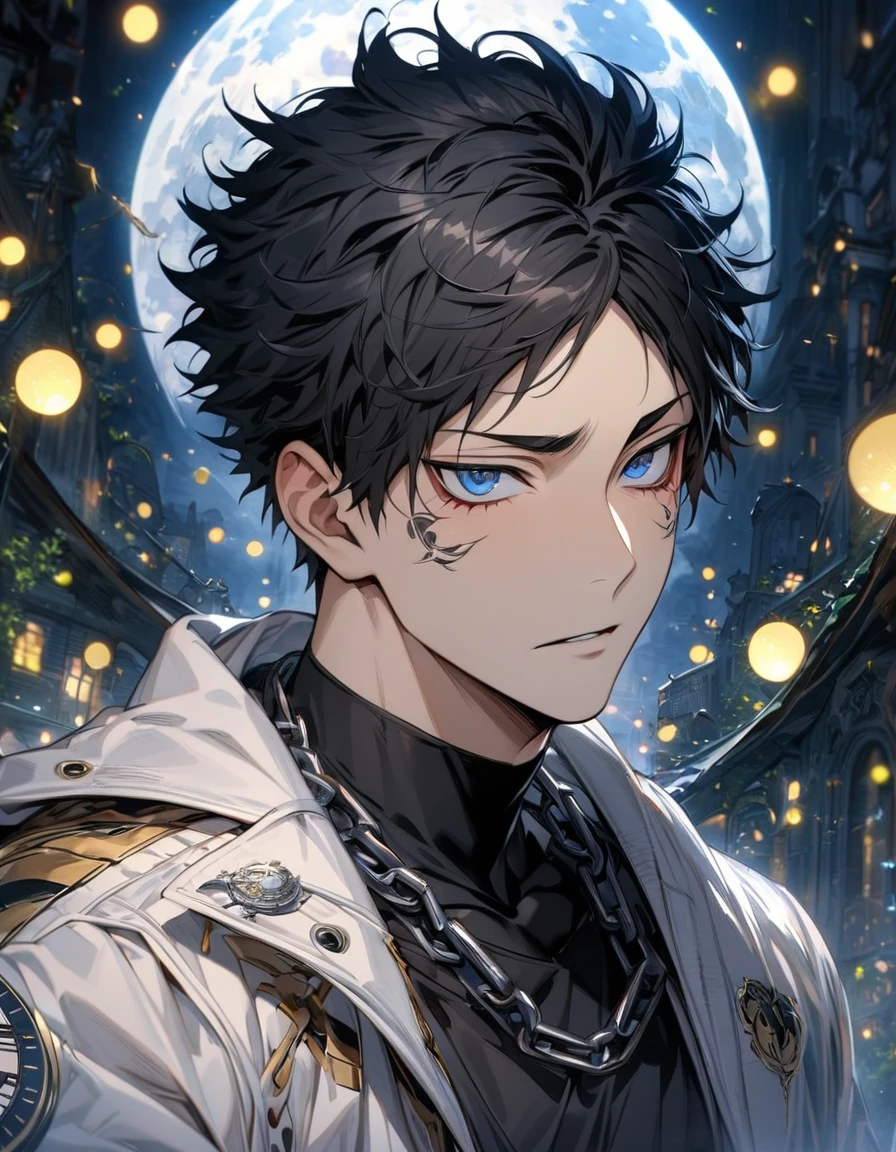 absurdres, highres, ultra detailed, HDR, master piece, best quality, extremely detailed face and eyes, perfect face, Akaashi Keiji, expressive dark blue eyes, black hair, Haikyuu, solo, sexy man, handsome, white coat, black tight shirt, clock mechanical moon, fantasy, chains, fireflies