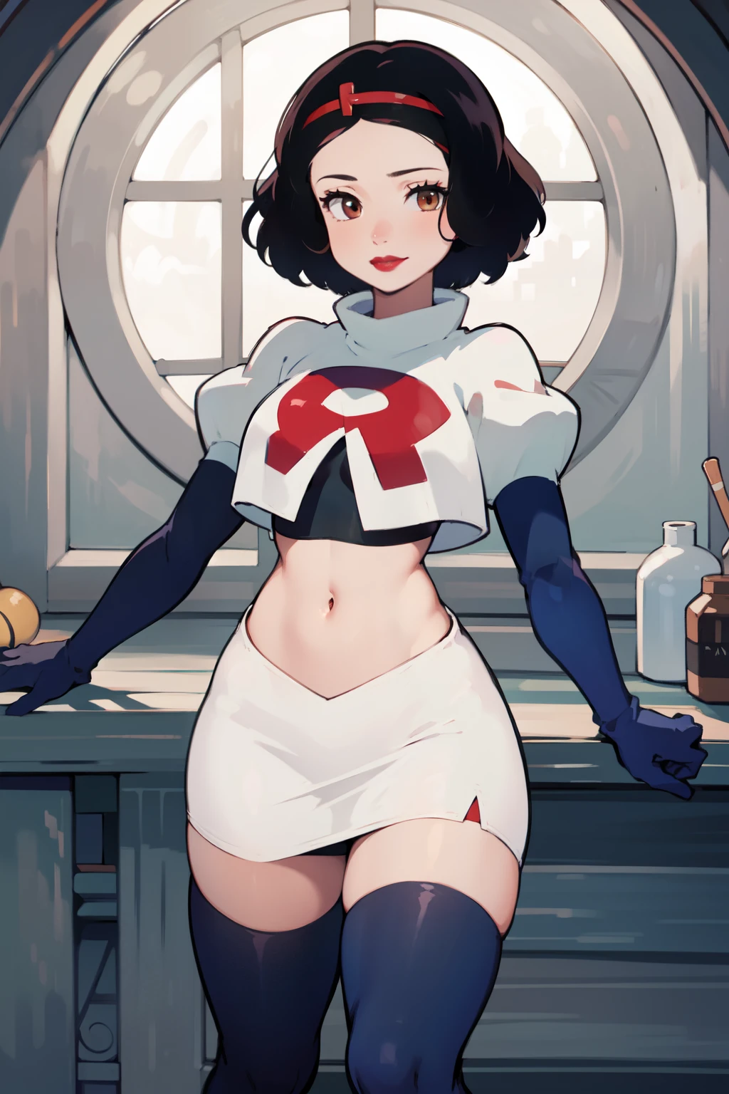 1girl, solo,   SnowWhite, short hair, black hair, smooth hair, brown eyes, lipstick, red lipstick, pale skin, hair bow, hairband, team rocket,team rocket uniform,white skirt,red letter R,crop top,black thigh-highs,black elbow gloves, cowboy shot, looking at viewer,