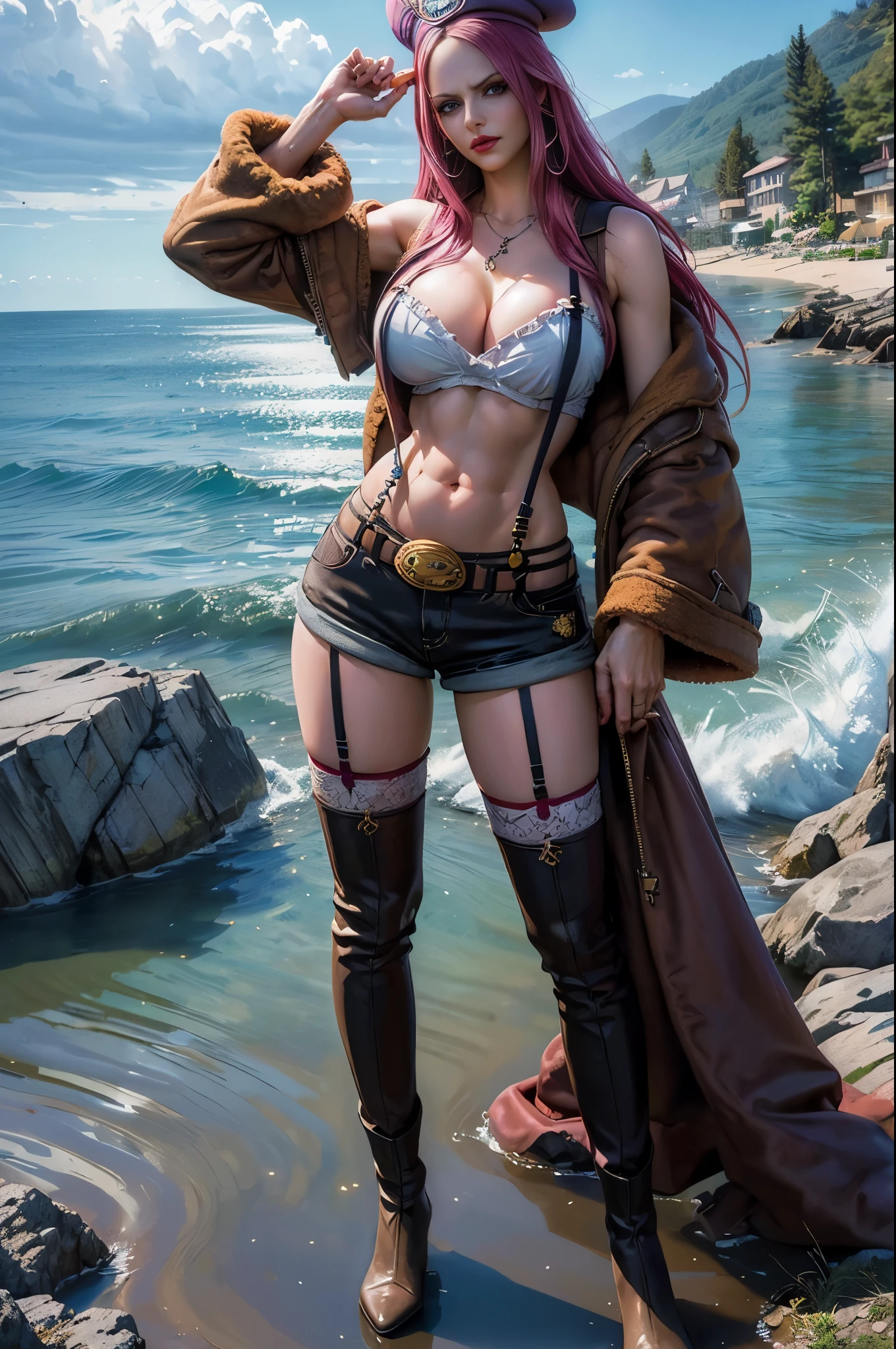 ((top-quality, 8K, masterpiece:1.3)), detailed eyes, (looking at from the front), Look at the camera, ((Everything is sparkling, reflecting light:1.2)), (Best Ratio: 4 fingers, 1 thumb), (portrait), (((Jewelry Bonney from One Piece))), JewelryBonneyV2, 1girl, solo, (cute Asian face),((cute young face)), long hair, pink hair, hat, ((slim girl, large breasts, hyperdetailed lips)), red lips, (thighhighs, shorts, suspenders, boots, purple eyes), navel, midriff, crop top, belt, suspender shorts, complex detailed background, barren land, rocks, ocean, nature environment, standing, (half body image :1.5)