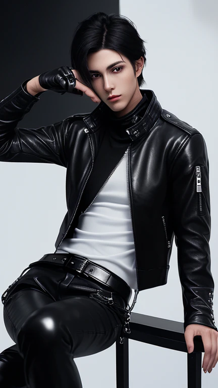 Final Fantasy-style graphics, young, Cute and cool Japanese boys, Thin eyebrows and big eyes,  He is wearing a shiny white single-breasted leather jacket...。Biker style leather jacket、 with epaulettes,  The jacket is zipped up, The jacket pockets are black., The jacket has a high stand-up collar with a belt, Also wearing a black turtleneck, black leather pants, Thin black leather gloves on both hands, Black leather knee-high lace-up boots, Show me your whole body from head to toe, Final Fantasy Style、((good looking))、((Clear eyes and nose))、((Shiny white single leather jacket))、((The jacket must be white))、((The jacket has epaulettes))、((The jacket has a high stand-up collar and a belt))、((The jacket has a black pocket))、((Black turtleneck shirt))、((光沢のあるblack leather pants))、((Shiny black leather gloves on both hands))、((Black lace-up leather long boots))、((View the whole body image from a distance))、Realistic image quality and texture、In a small cell、close your eyes、A kind smile、((The jacket is closed with a zipper))、((No exposed skin below the neck))、((round face))