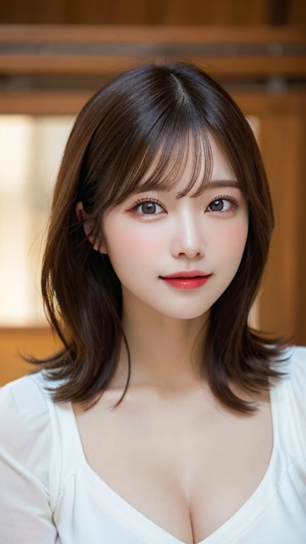 Tabletop, highest quality, Photorealistic, finely, High resolution, 8k wallpaper, Perfect dynamic composition, Beautiful and beautiful eyes, Medium Hair, Big and ample breasts, Random sexy poses,Chest to Chest、Laughter、Open your mouth、Only 19、(Droopy Eyes 1.4)、Adult Beauty、Japanese