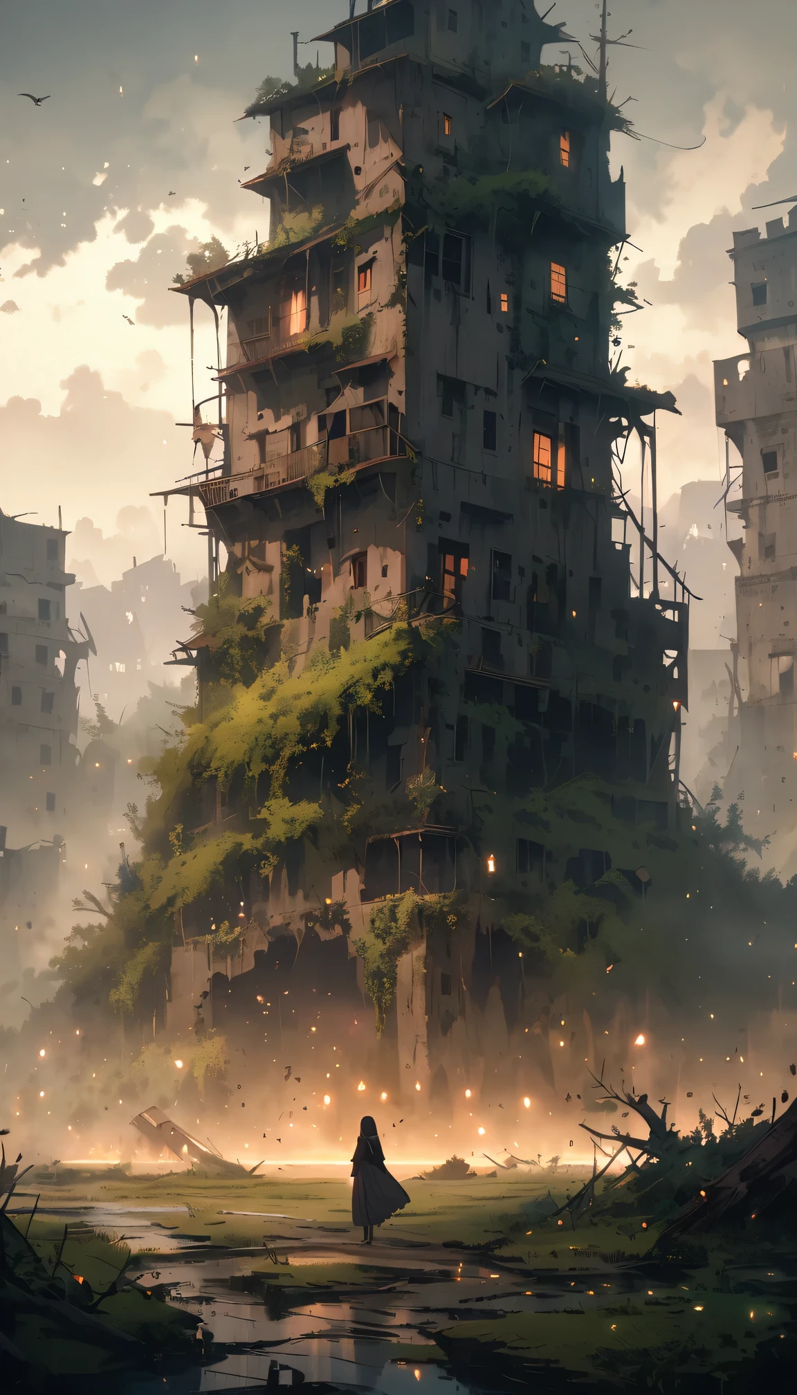 best quality,highres,ultra-detailed,nostalgic,haunting village girl,hazy atmosphere,abandoned buildings,dilapidated houses,dense fog,dark and mysterious,withered trees,decaying walls,eerie silence,gloomy lighting,loneliness,lost innocence,mystical presence,overgrown vegetation,faded memories,distant whispers,dreamlike,enchanted,spiritual,ethereal,distant past,weathered textures,crumbling ruins,ghostly figures,secretive,haunting melodies,ruined beauty,desolate landscape,sense of melancholy,unearthly charm